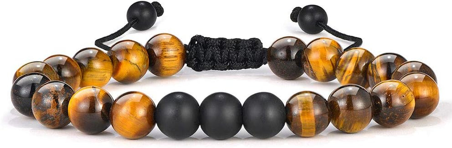 Fathers Day Gift Mens Bracelet - Beaded Natural Stone 8Mm Tiger Eye Matte Agate Lava Rock Bracelets for Men Teen Boys Grandpa Dad Birthday Gifts Jewelry