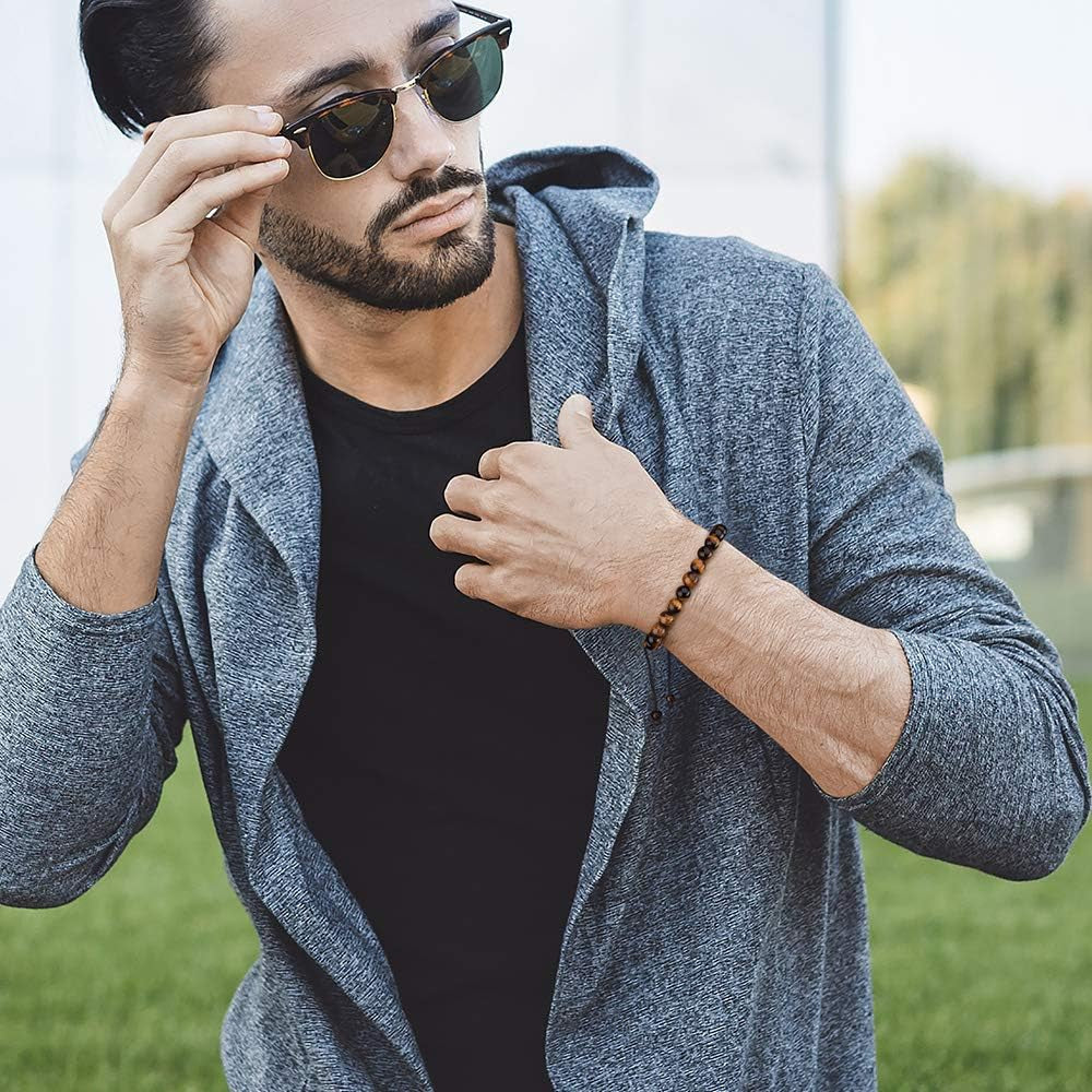 Fathers Day Gift Mens Bracelet - Beaded Natural Stone 8Mm Tiger Eye Matte Agate Lava Rock Bracelets for Men Teen Boys Grandpa Dad Birthday Gifts Jewelry