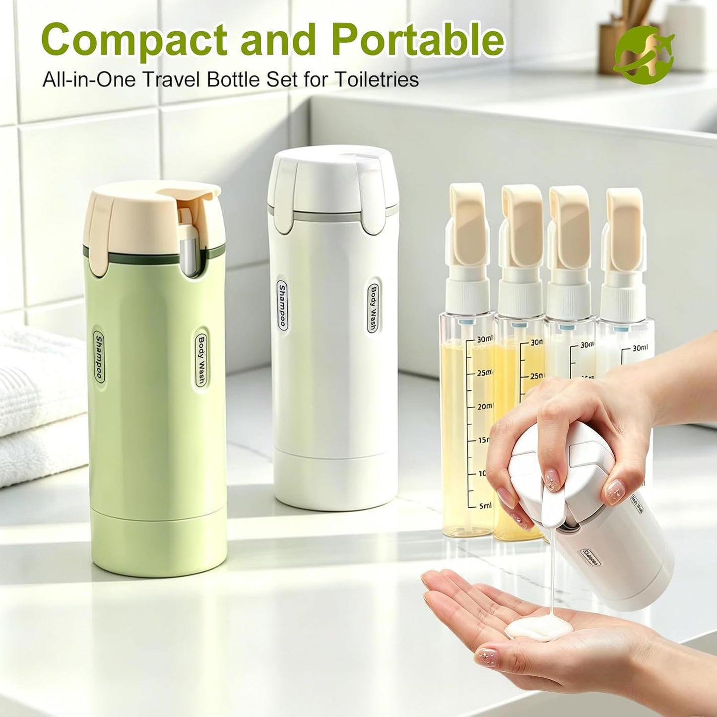 4 in 1 Travel Dispenser Bottle, Leakproof Rotatable Travel Pump Bottles for Toiletries, TSA Approved Hard Shell Liquid Containers (4X30Ml/1Oz), Essentials for Women & Men (White)