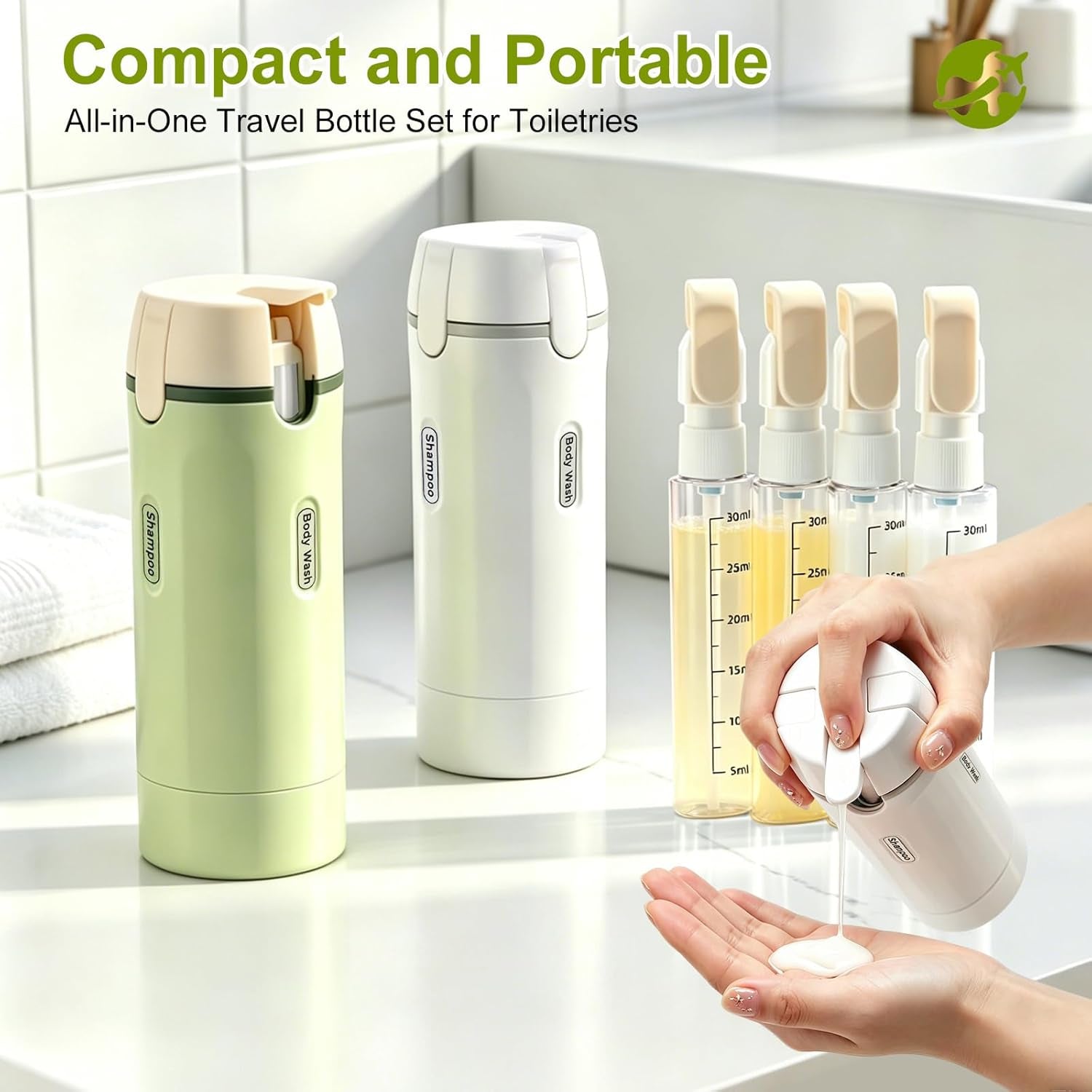 4 in 1 Travel Dispenser Bottle, Leakproof Rotatable Travel Pump Bottles for Toiletries, TSA Approved Hard Shell Liquid Containers (4X30Ml/1Oz), Essentials for Women & Men (White)