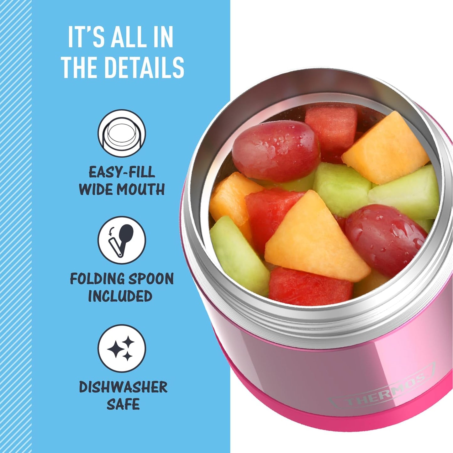 FUNTAINER Insulated Food Jar, 10 Ounce, Kid Friendly Food Jar with Foldable Spoon, Pink
