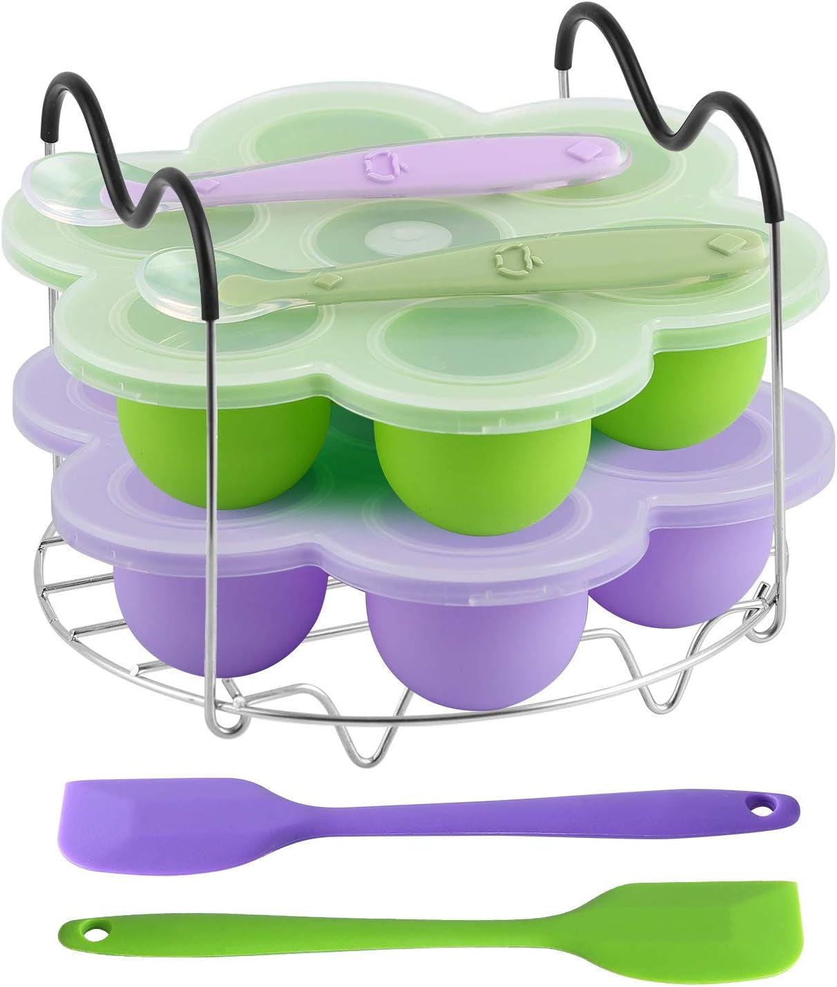 Silicone Egg Bites Molds and Steamer Rack Trivet with Heat Resistant Handles Fit Instant Pot Accessories, 7Pcs Set for 6Qt & 8Qt Electric Pressure Cooker with 2 Spoons and Silicone Spatula