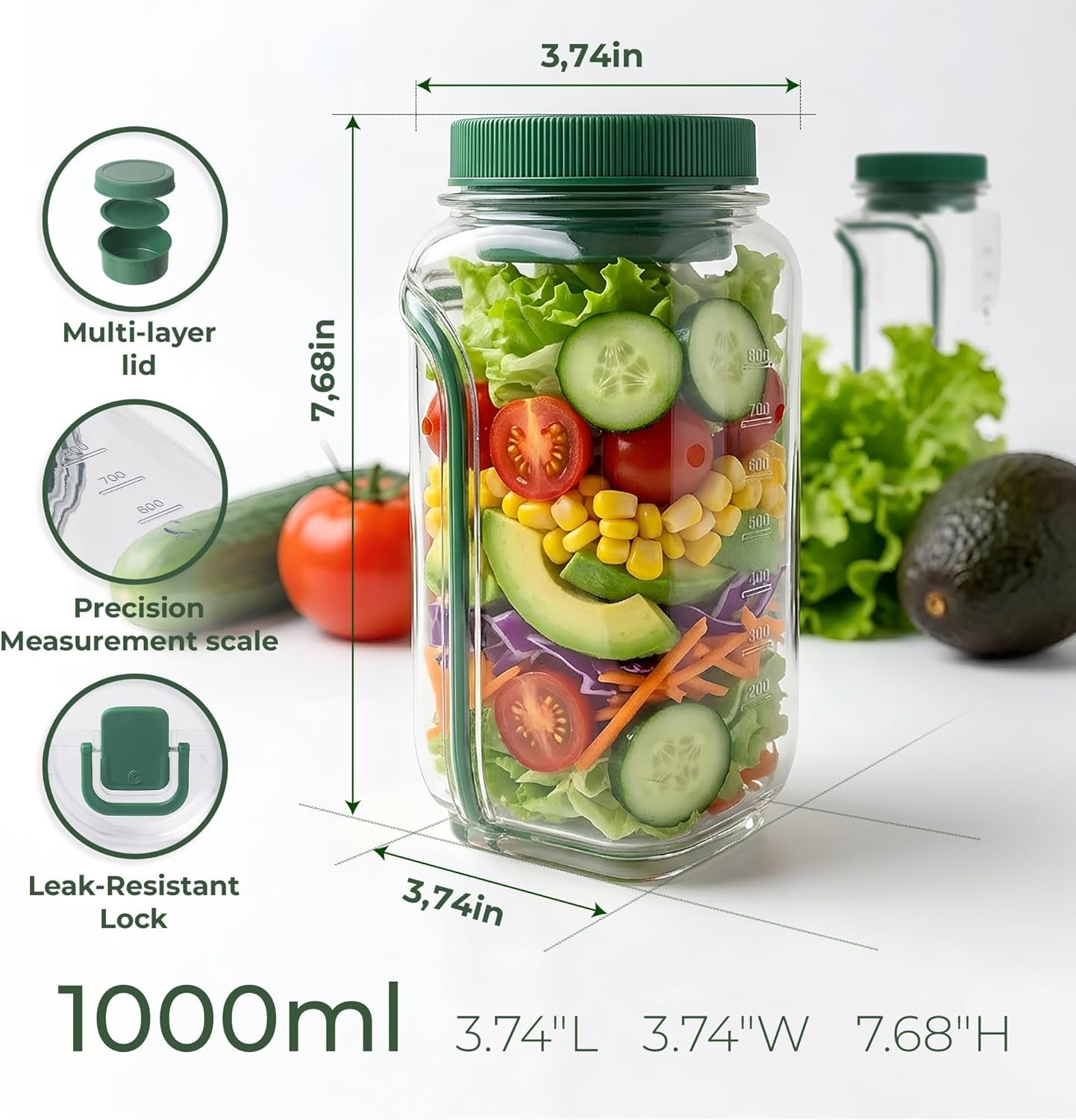 Premium Salad Jars with Side Opening, Salad Dressing Containers, on the Go Salad Jar Lunch Box for Meal Prep & Food Storage, Keeps Food Fresh & Organized, Salad Bowls to Go for Lunch, Travel