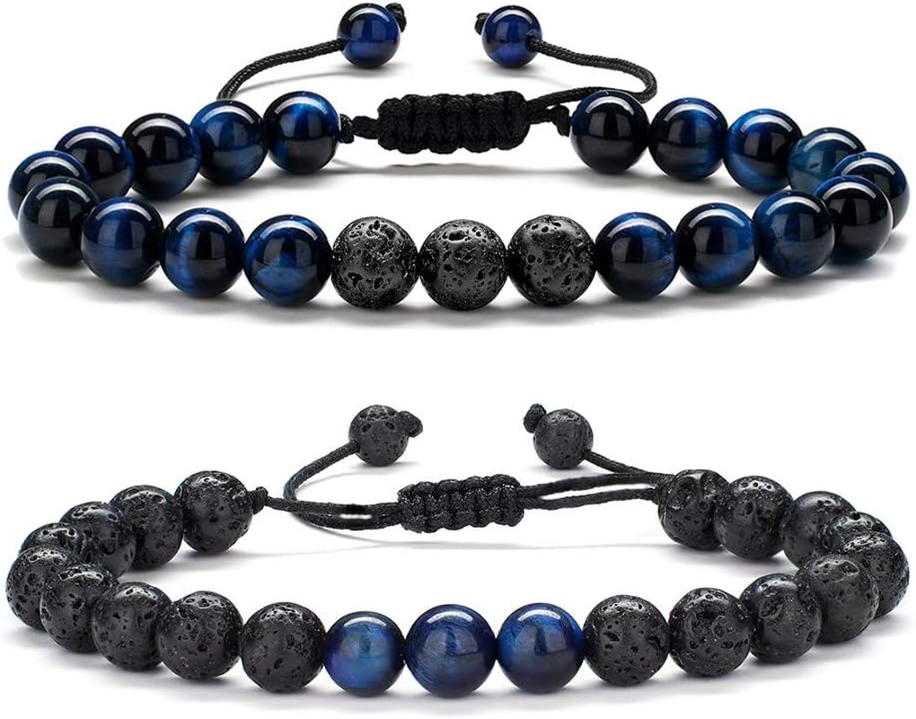Fathers Day Gift Mens Bracelet - Beaded Natural Stone 8Mm Tiger Eye Matte Agate Lava Rock Bracelets for Men Teen Boys Grandpa Dad Birthday Gifts Jewelry