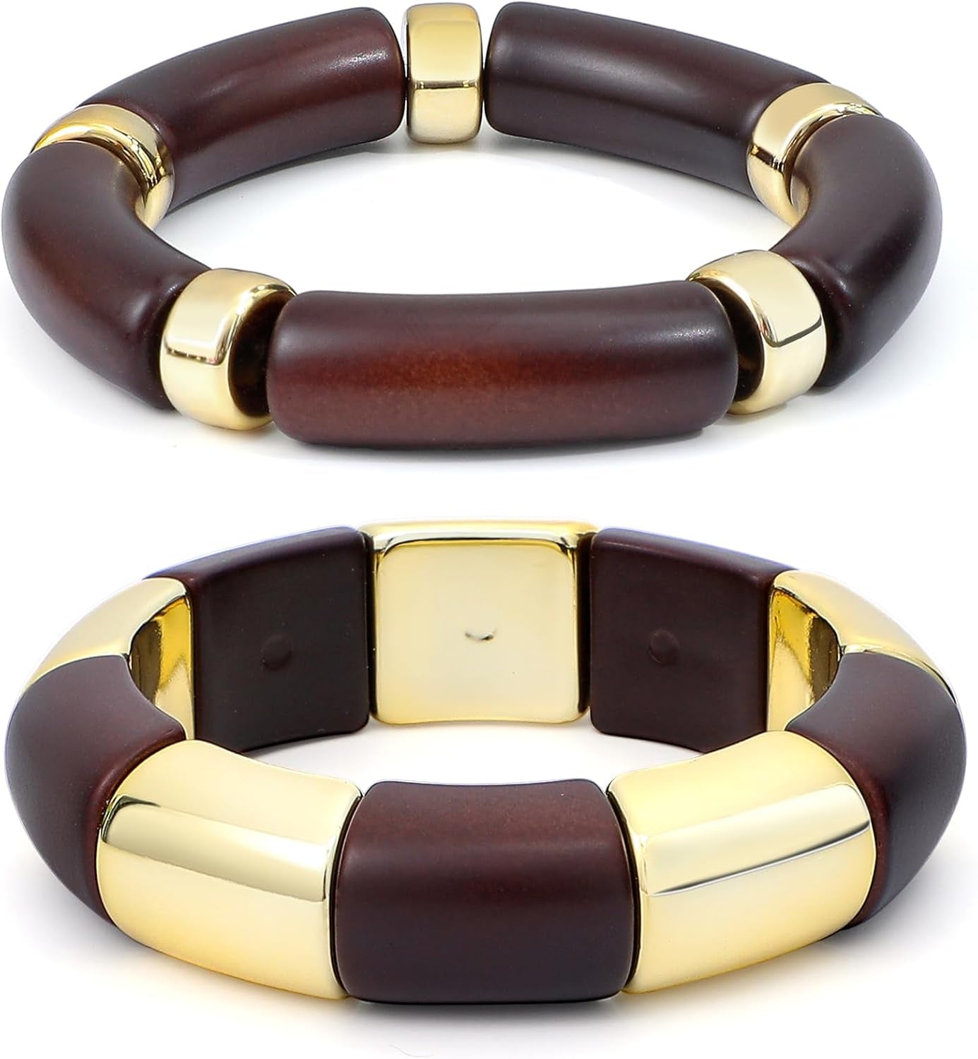 Simple Beaded Gold Plated Bangles Bracelet Chunky Bamboo Tube Curved Stacking Clear Acrylic Colorful Beads Stretchable Gold Plated Bracelets Set for Women