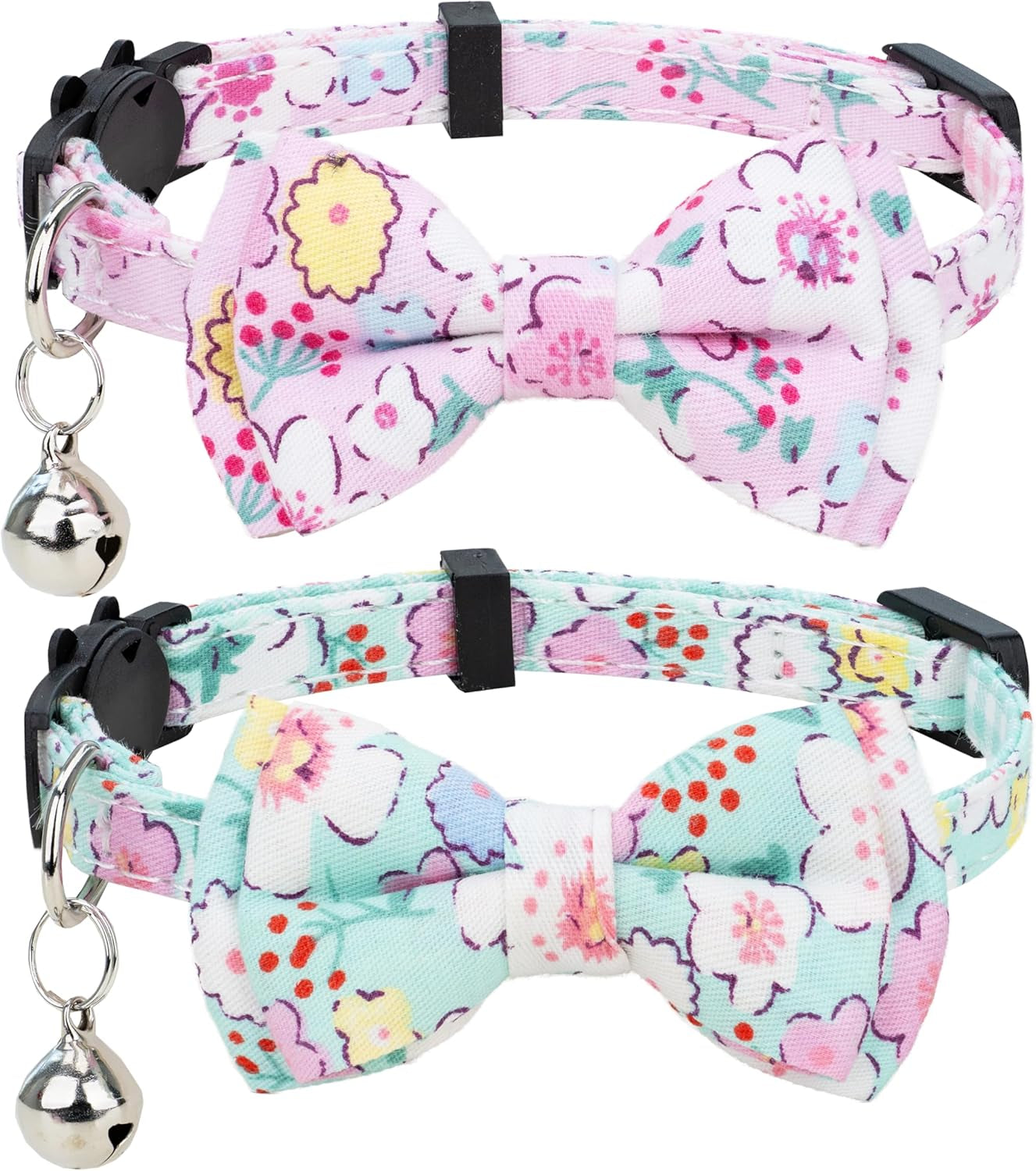 Collar for Cat Pet Breakaway with Bell Bowtie Detachable Bow Adjustable Safety Kitten Puppy Girl Boy 2Pcs Pink Leopard & Pure