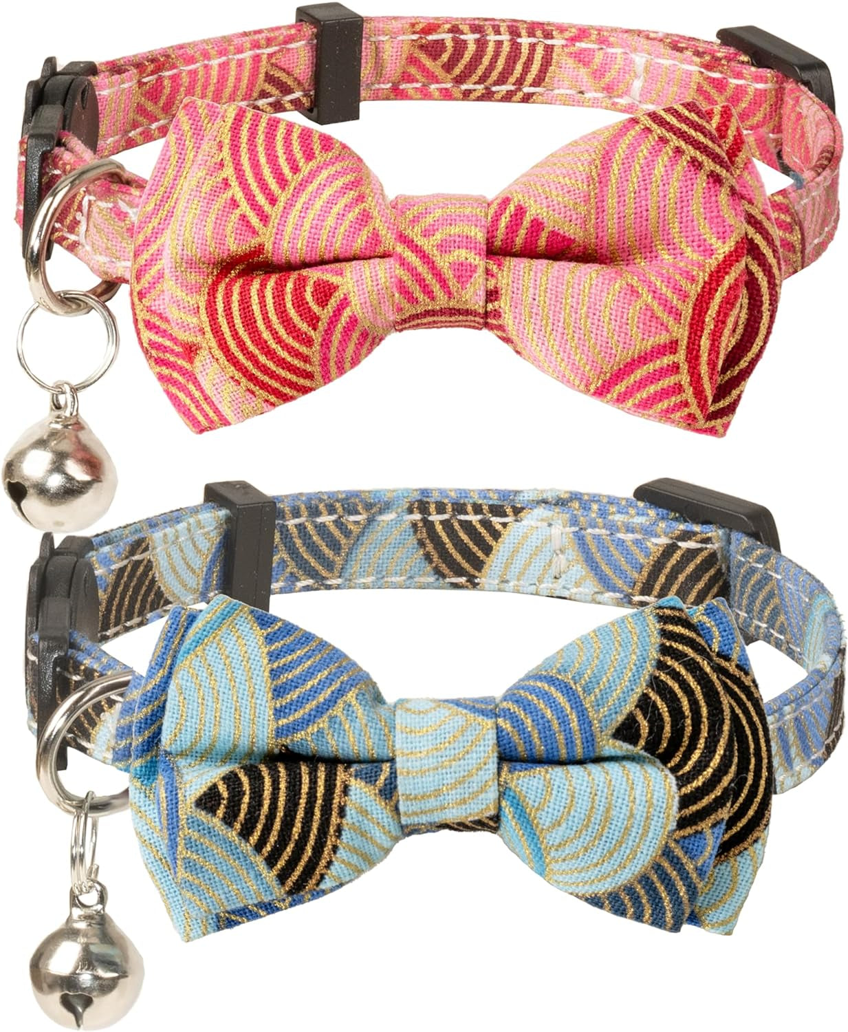 Collar for Cat Pet Breakaway with Bell Bowtie Detachable Bow Adjustable Safety Kitten Puppy Girl Boy 2Pcs Pink Leopard & Pure