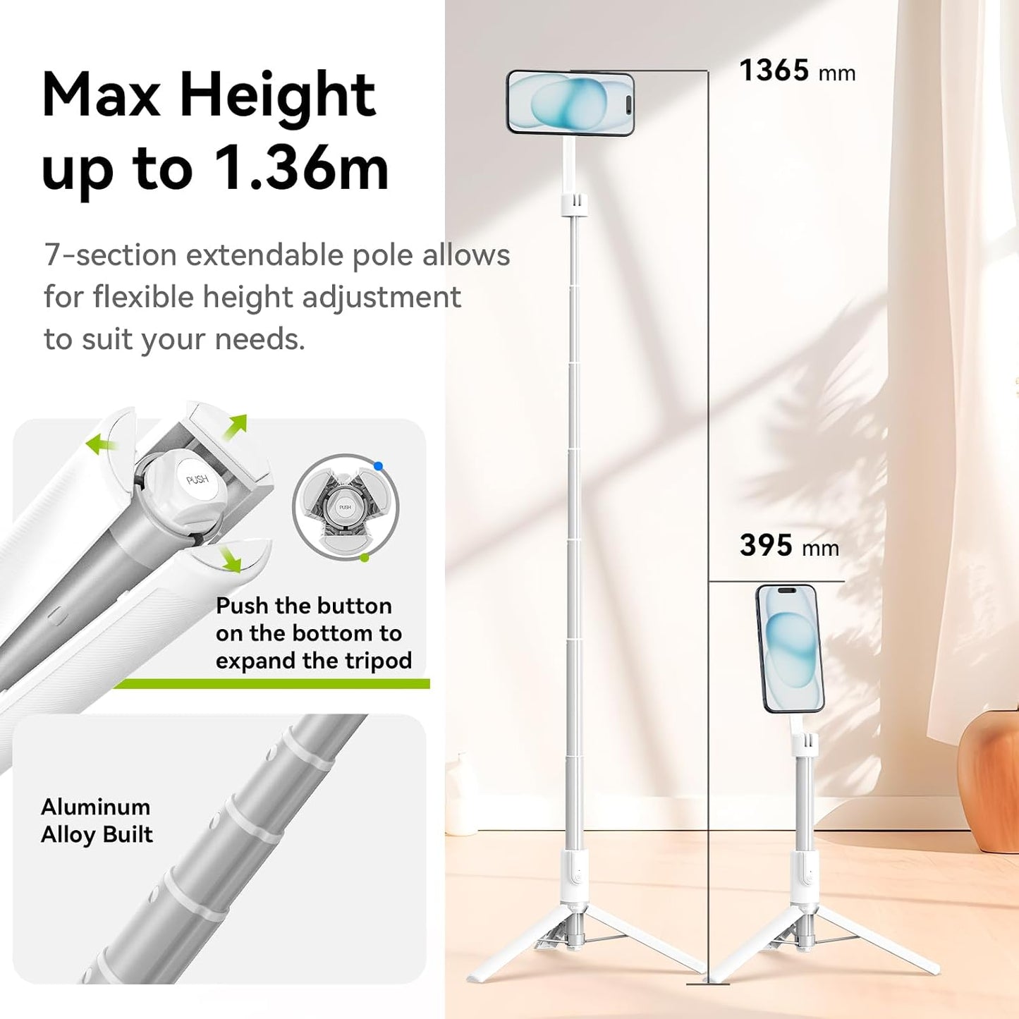 54'' Magnetic Selfie Stick Tripod Pro, All-In-One Phone Tripod W Magnetic Phone Holder & Detachable Wireless Remote, C/W Magsafe, for Iphone 16 15 14 13 12 Series & Android Phones (White)