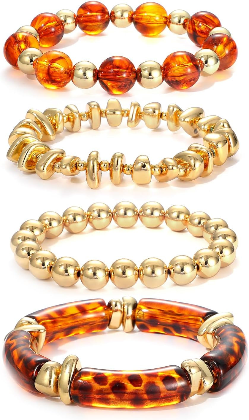 Simple Beaded Gold Plated Bangles Bracelet Chunky Bamboo Tube Curved Stacking Clear Acrylic Colorful Beads Stretchable Gold Plated Bracelets Set for Women