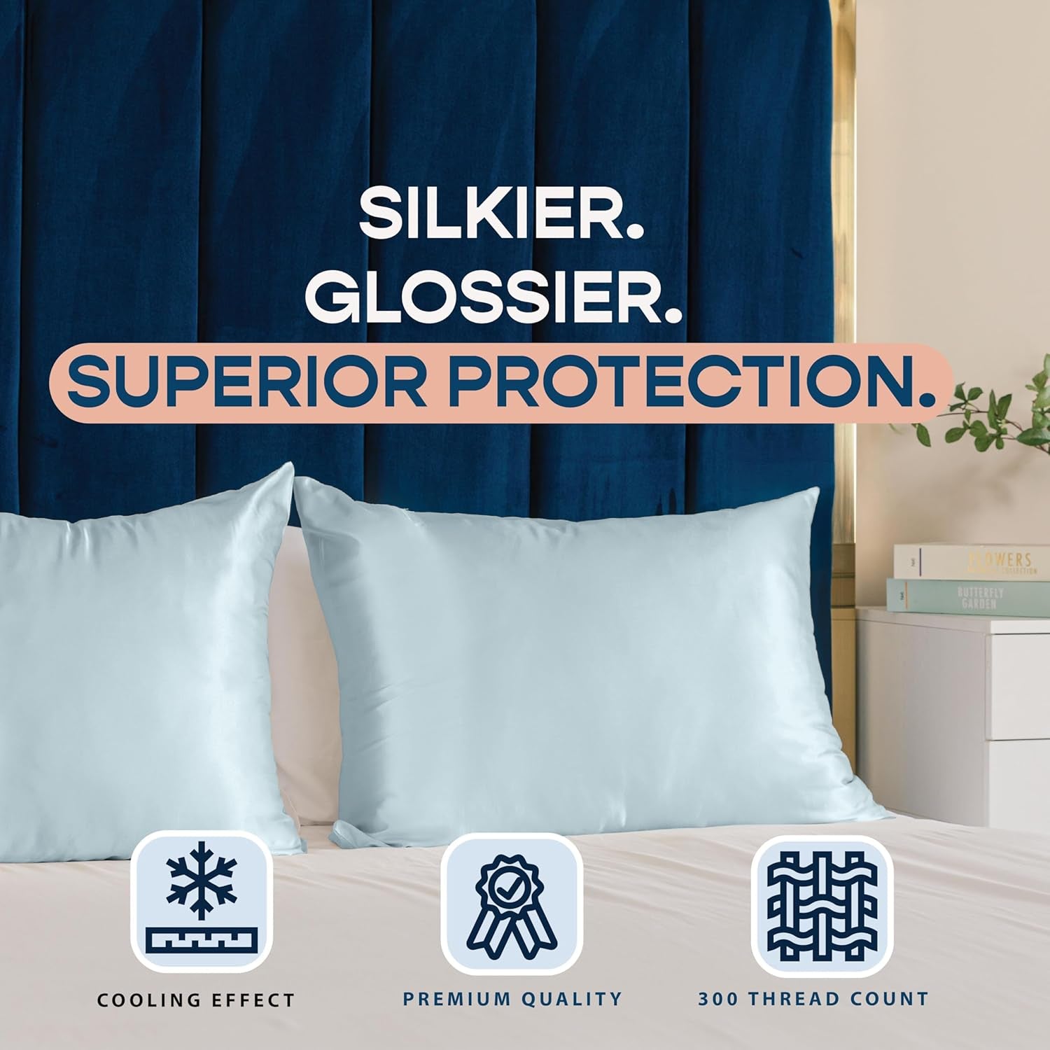 Satin Pillowcase with Zipper, for Hair and Skin Care, Feels Soft and Cool like a Silk Pillowcase, Satin Pillow Cases 2 Pack, Slik Pillow Cover, Baby Blue - Standard Size, Set of 2
