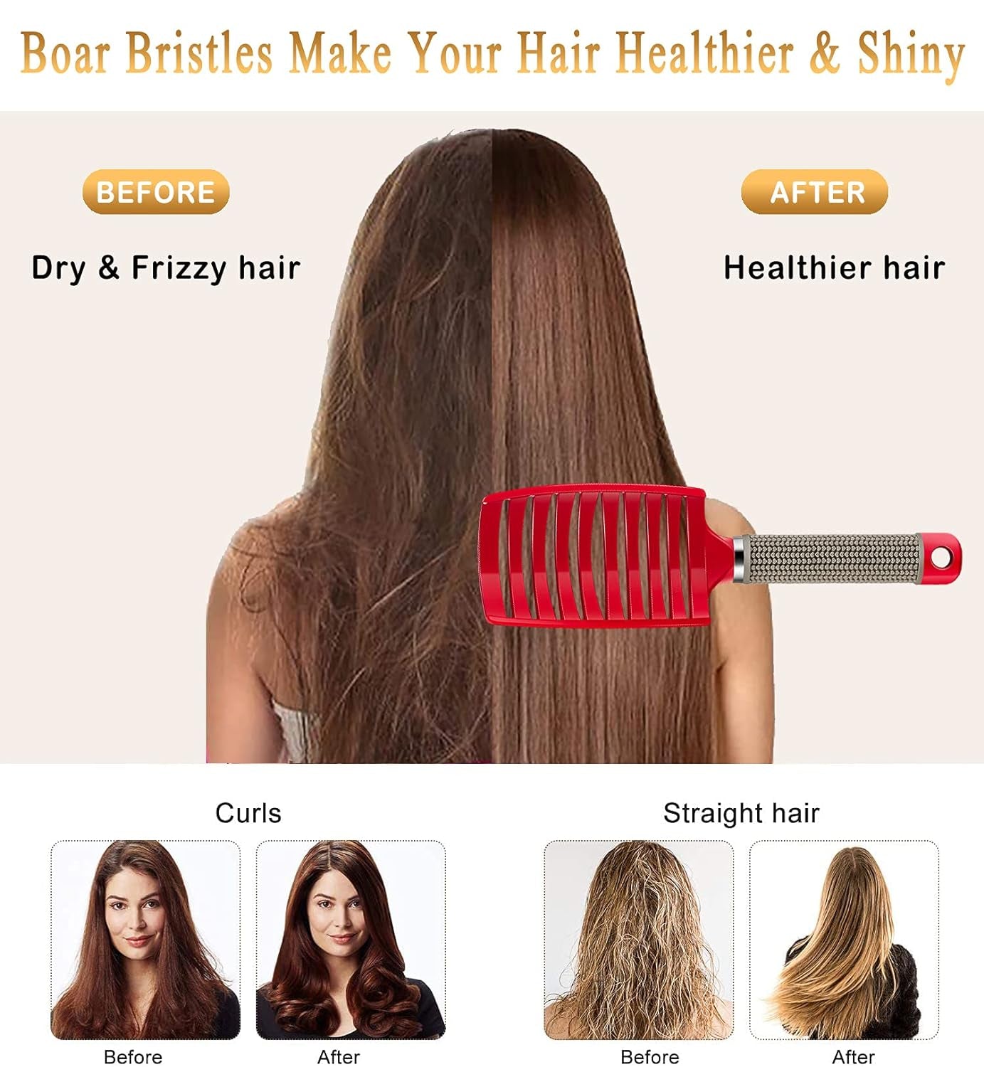 Detangling Hair Brush - Boar Bristle & Tangle-Free Design for Kids, Women, and Men - Perfect for Wet and Dry Hair - Smooth, Magical Pain-Free Styling (Red)