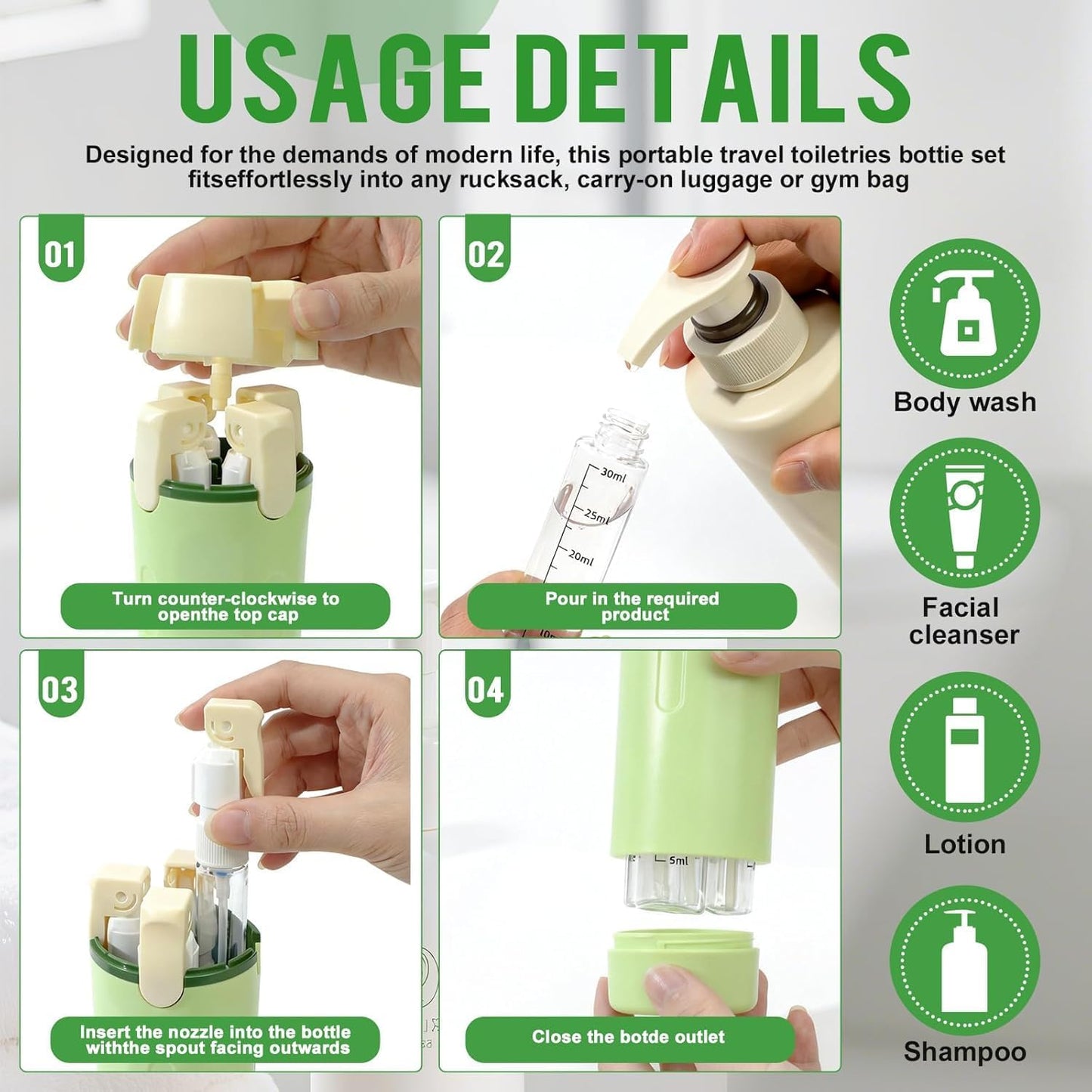 4 in 1 Travel Dispenser,4 Pack 30ML Travel Bottles for Toiletries,Refillable, Leak Proof and Portable,Suitable for Storing Shampoo, Shower Gel, Suitable for Travel, Camping (Green)