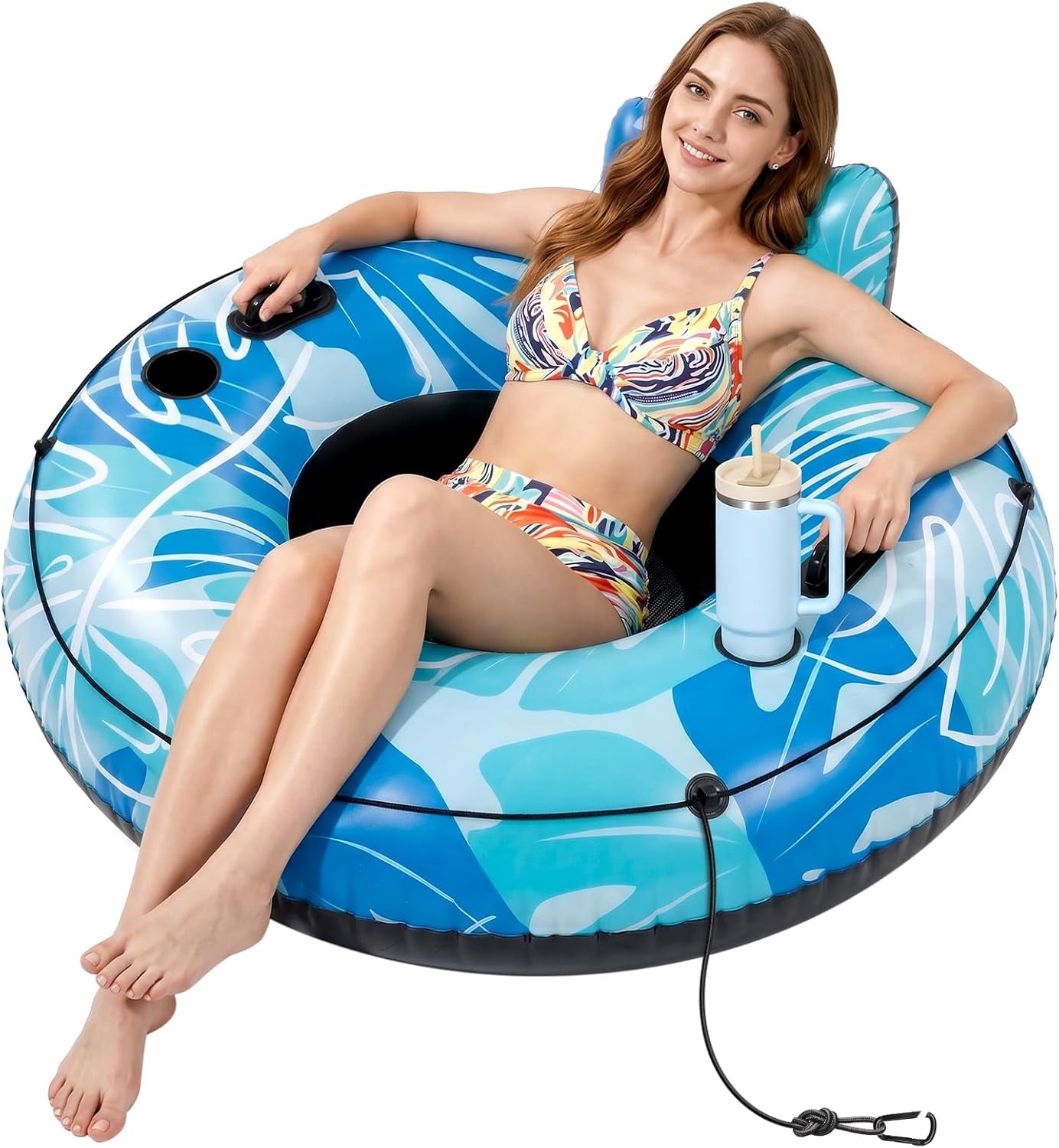 Inflatable River Tube for Adults - 53" Heavy Duty River Float with 2 Deep Cup Holders & Ergonomic Backrest, Floating Tubes with 2 Handles & Grab Rope for Pool, Lake or Lazy River