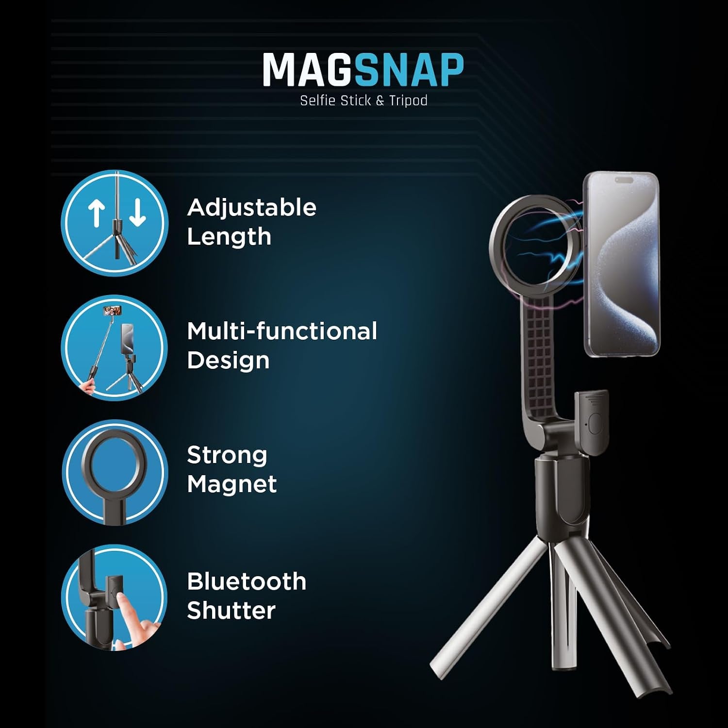 Magnetic Selfie Stick Tripod with Remote – Adjustable up to 26", Strong Upgraded Magnet + Bluetooth Remote| Selfie Stick for Iphone 12 and Newer – Travel-Friendly, Great for Video Recording