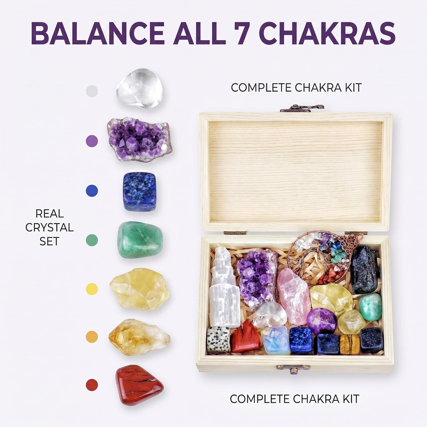 Healing Crystals Set - 16 Real Chakra Crystals & Stones for Stress & Anxiety Relief, Wooden Gift Box + Tree of Life Necklace + Guide Book, Selenite Amethyst Rose Quartz - Gift for Women