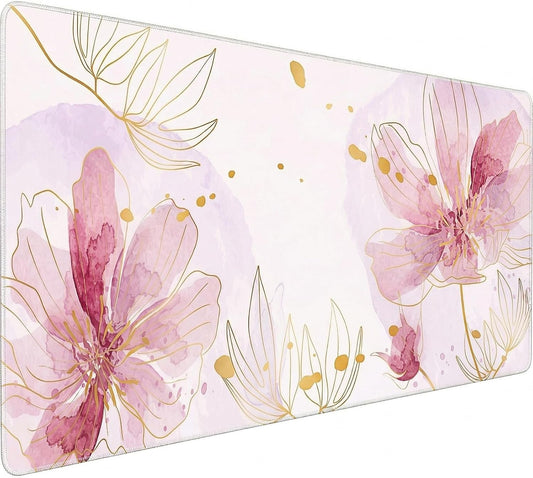 Large Desk Mat Floral Mouse Pad, XXL Non-Slip Waterproof Keyboard Mat with Stitched Edges, Full Desk Protector for Women Office Home Laptop (Pink)