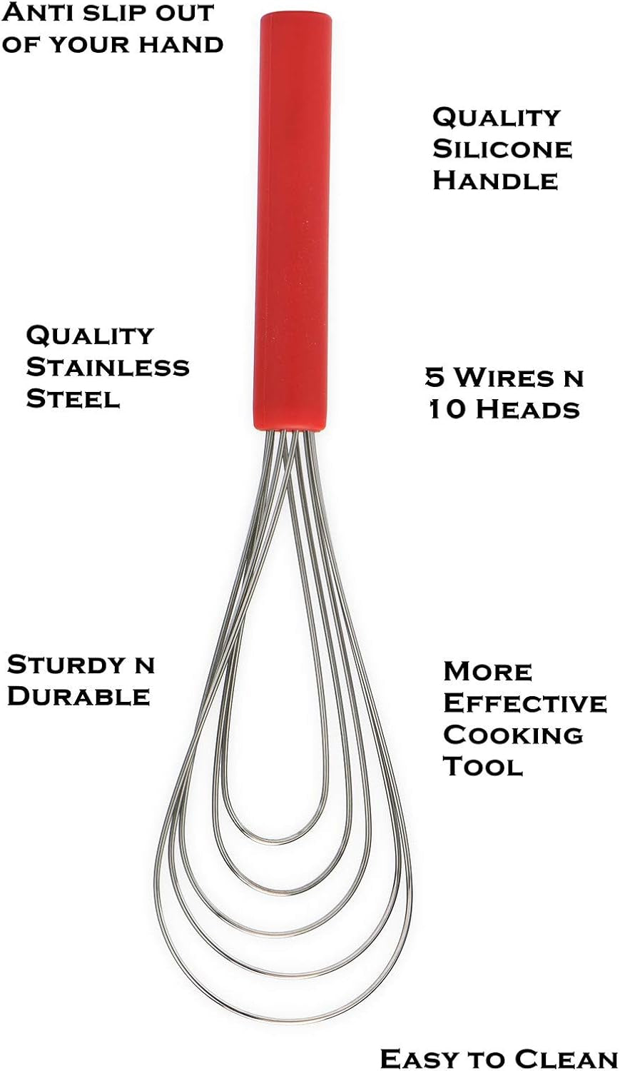 Flat Whisk Silicone Handle Non Slip 10" - 5 Wires Whisk with 10 Heads for Kitchen Cooking Color Red by