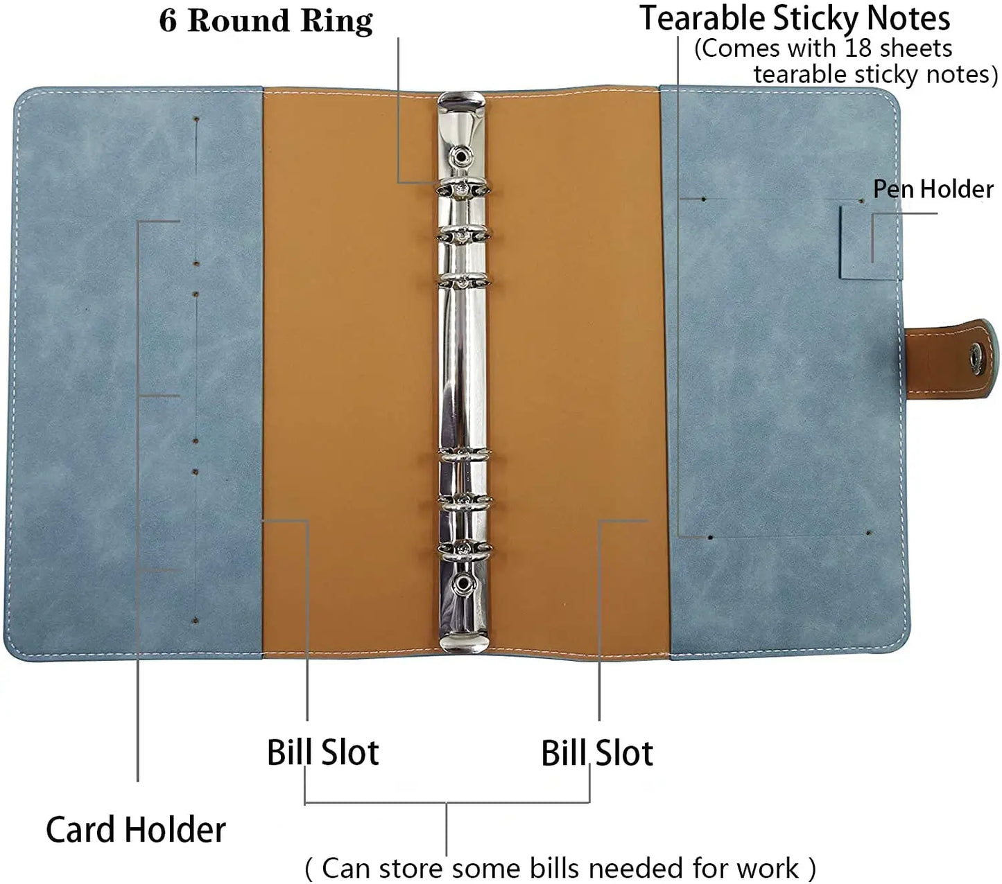 A5 PU Leather Binder Cover Refillable 6 Ring Notebook Organizer with Magnetic Buckle