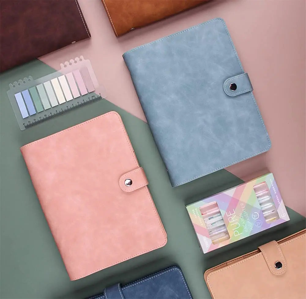 A5 PU Leather Binder Cover Refillable 6 Ring Notebook Organizer with Magnetic Buckle