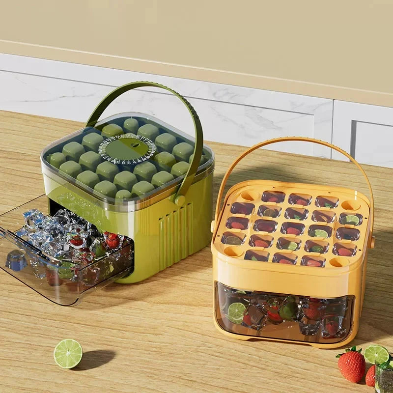 Double Layer Ice Cube Tray Box with Lid and Bin Pull Out Ice Storage Drawer
