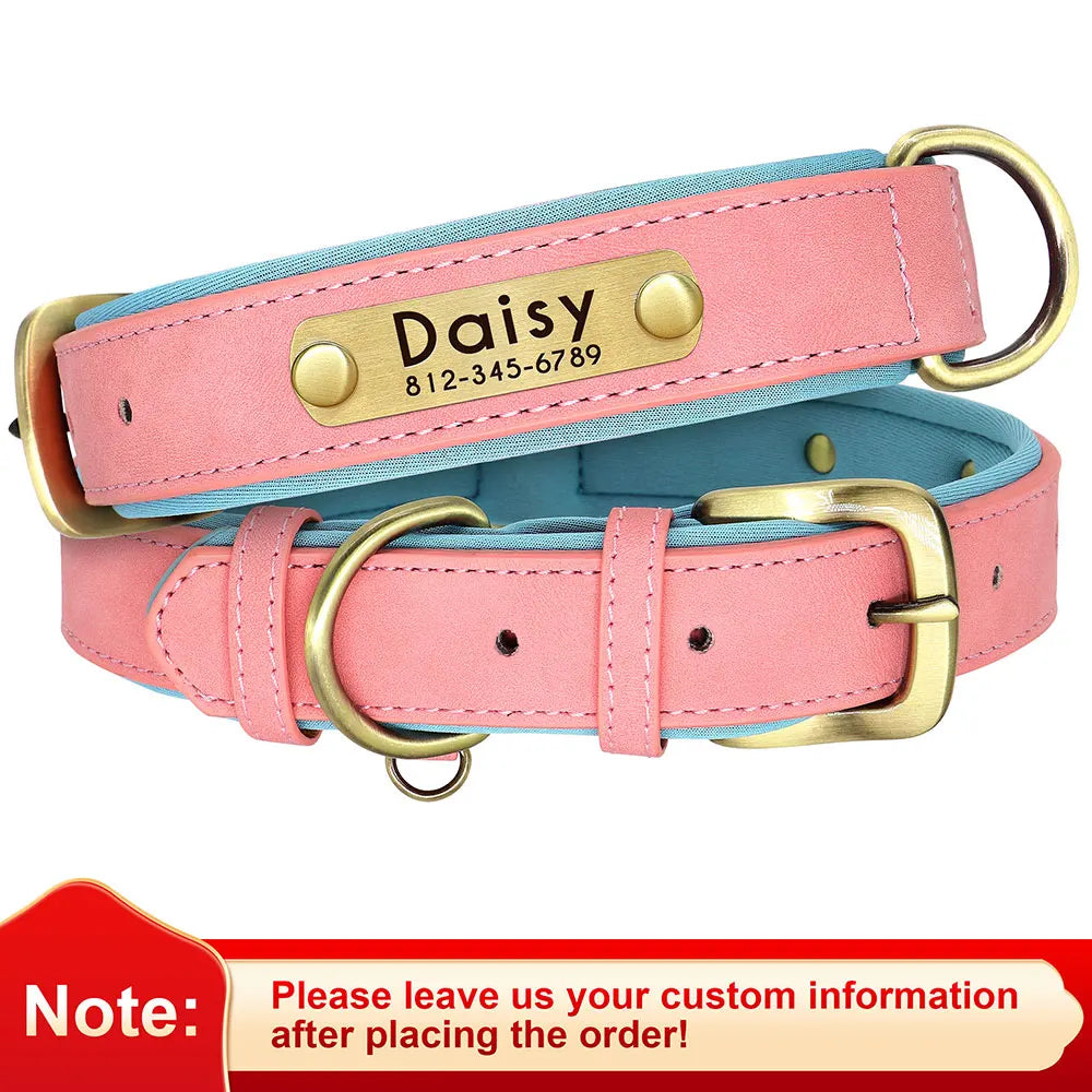 Customized PU Leather Dog Collar – Soft Padded Adjustable Name Engraved Collar