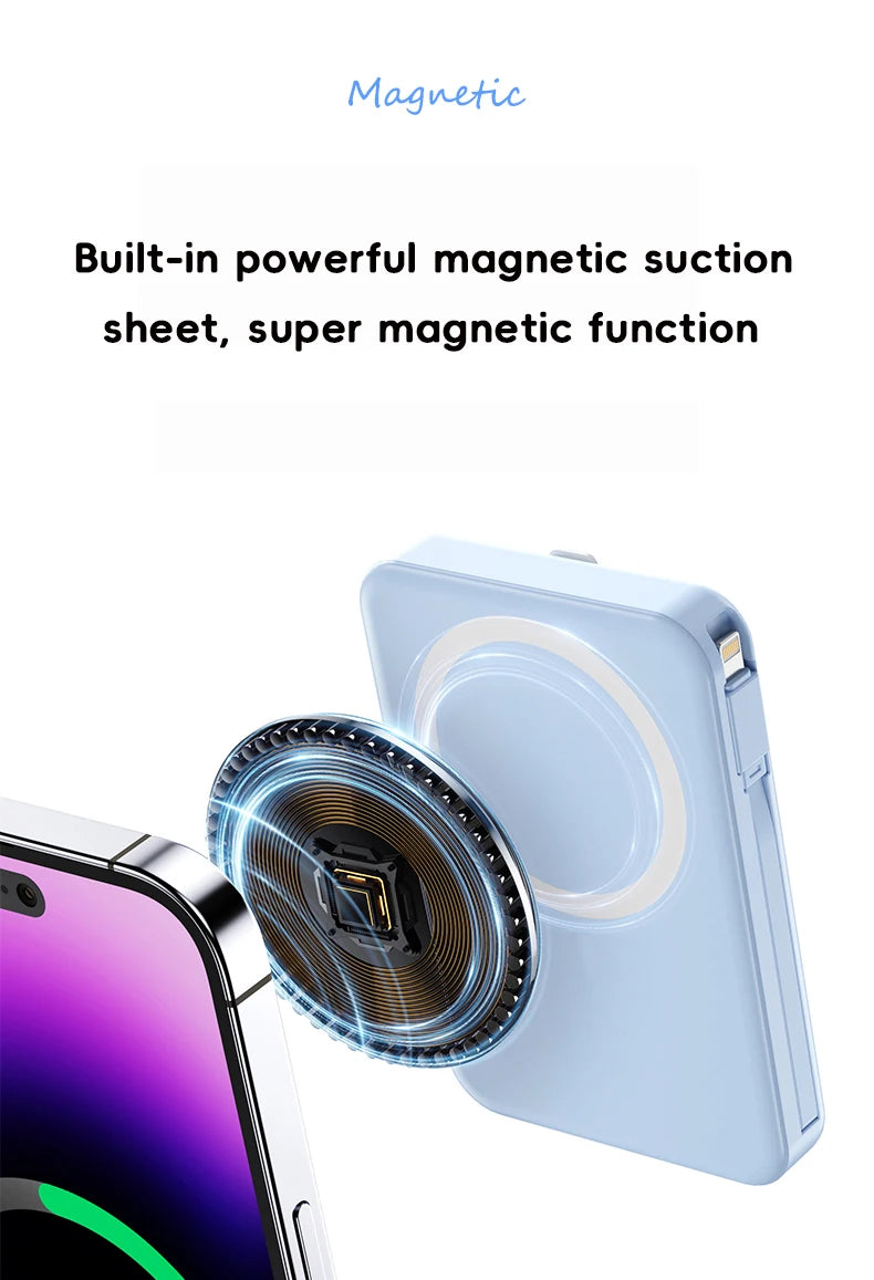 10000mAh Magnetic Wireless Power Bank with Built in Cables and Fast Charging Stand