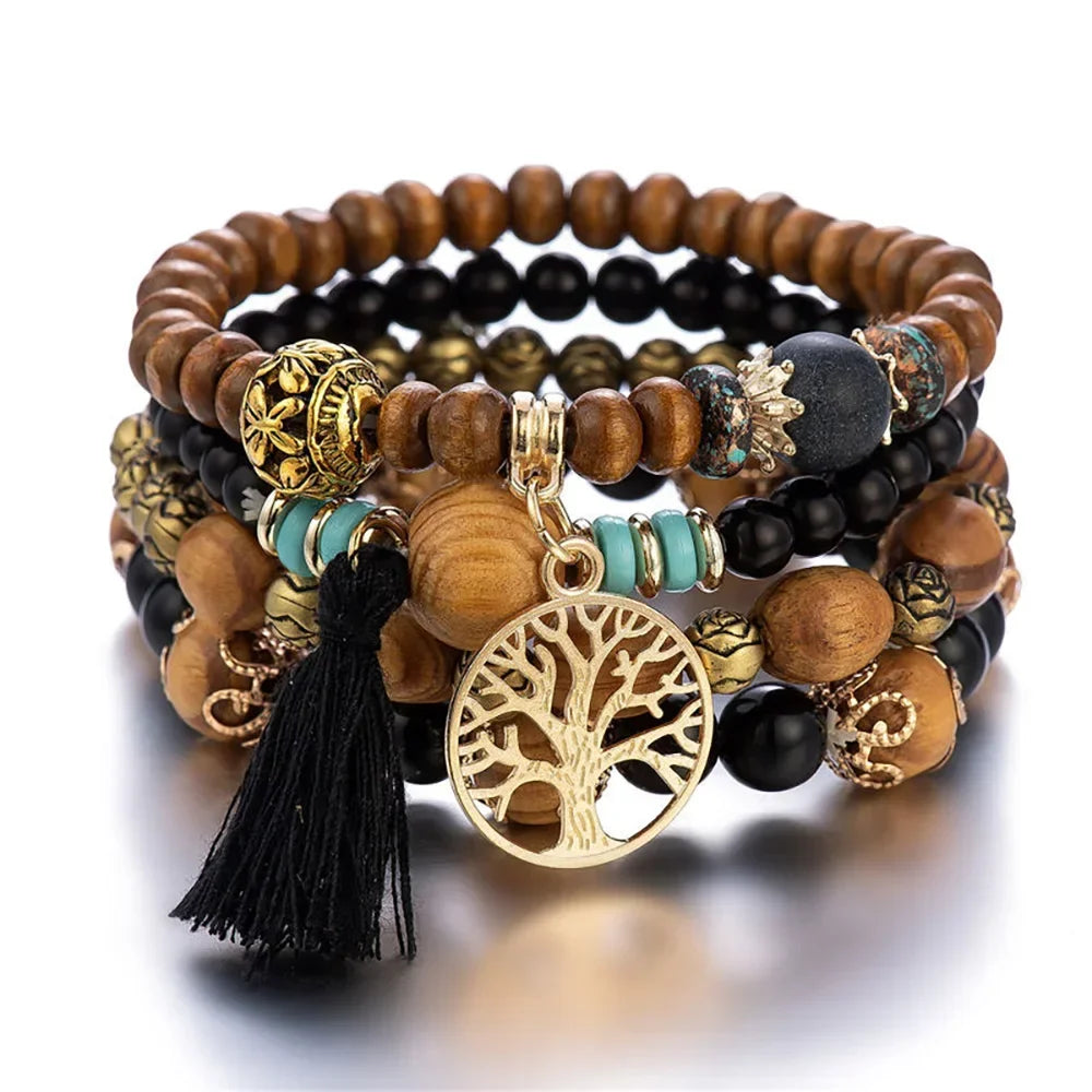 4Pcs/Set Boho Wooden Beaded Bracelet Set For Women Tree Of Life White Tassels Charm Elastic Chain Bangle Men Bohemia Jewelry