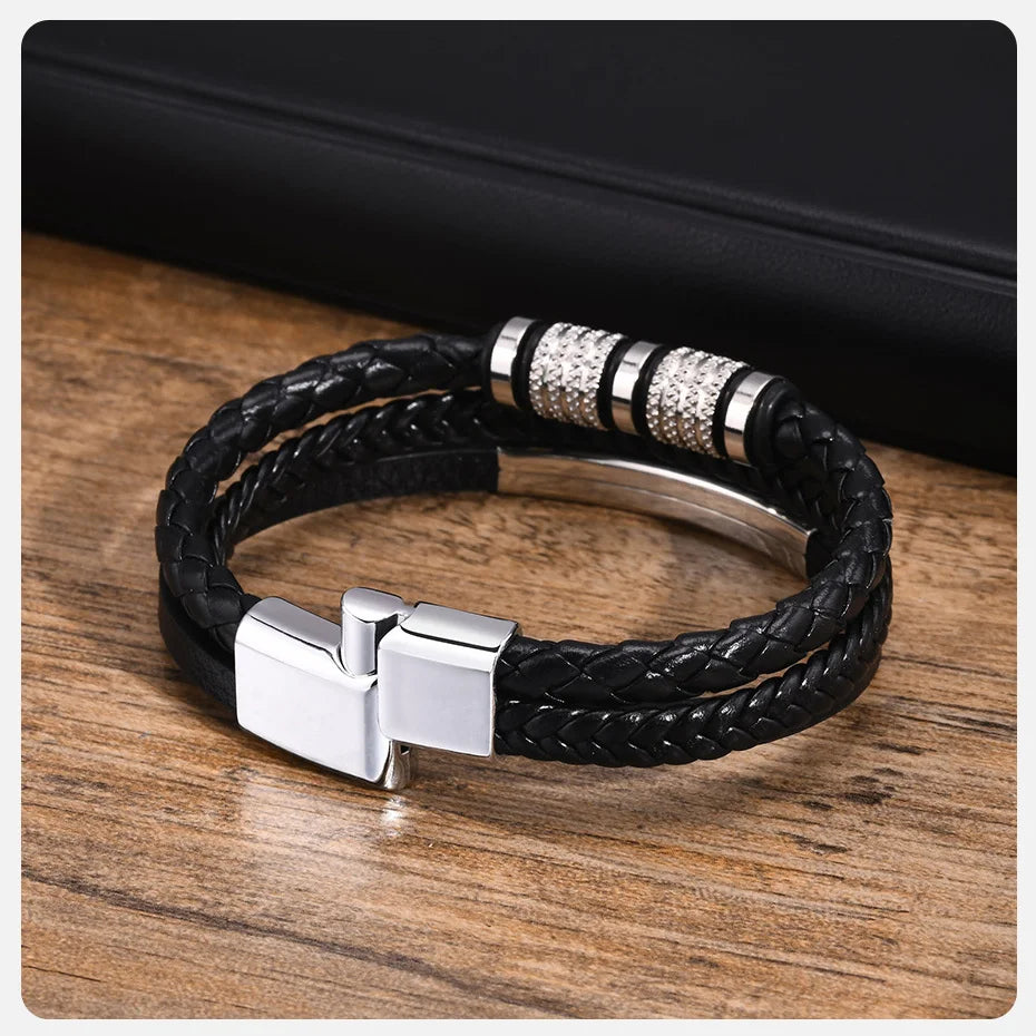 Vnox Personalized Braided Leather Bracelet for Men Handmade Triple Woven Pu Leather Bracelet Custom Name Text Jewelry Gifts