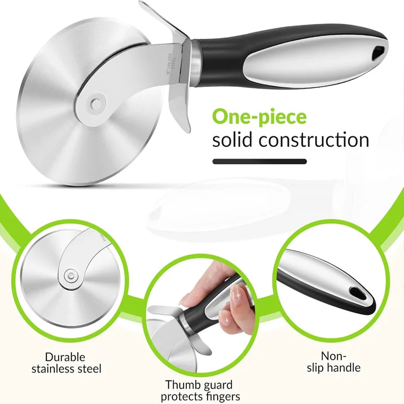Stainless Steel Pizza Cutter - 360° Rolling Blade with Finger Guard
