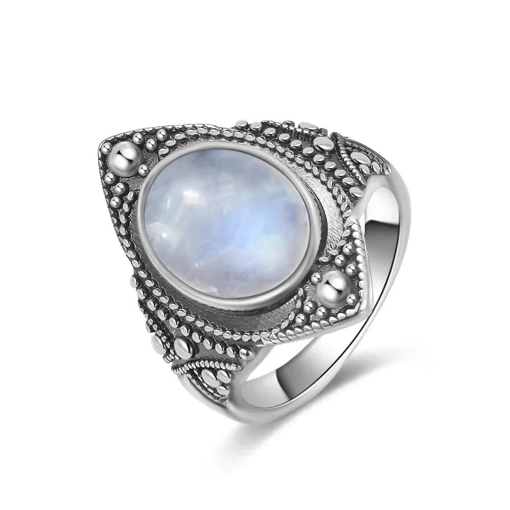Vintage 925 Silver Ring Natural Moonstone Flower Ring 925 Hollow Eye Shape Round Sun And Moon Ring Fine Jewelry for Women Men