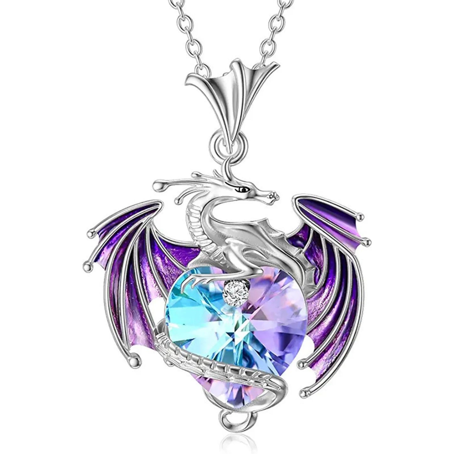 Silver Dragon Heart Rhinestone Pendant Necklace Exquisite Multi-Color Party Jewelry