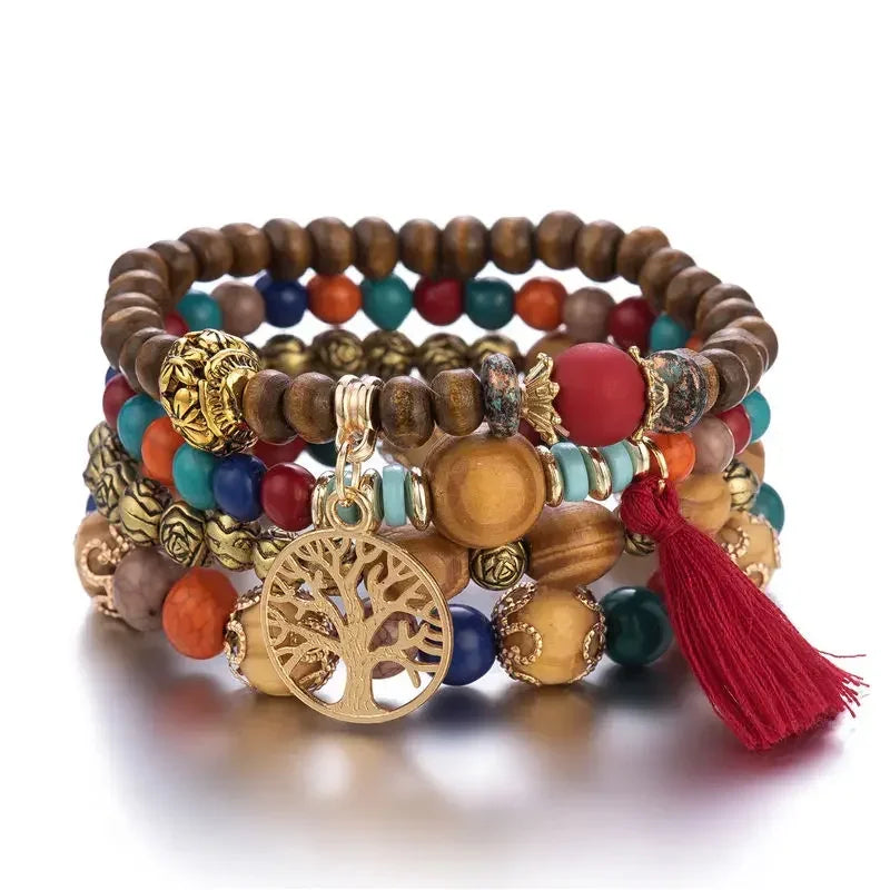 4Pcs/Set Boho Wooden Beaded Bracelet Set For Women Tree Of Life White Tassels Charm Elastic Chain Bangle Men Bohemia Jewelry