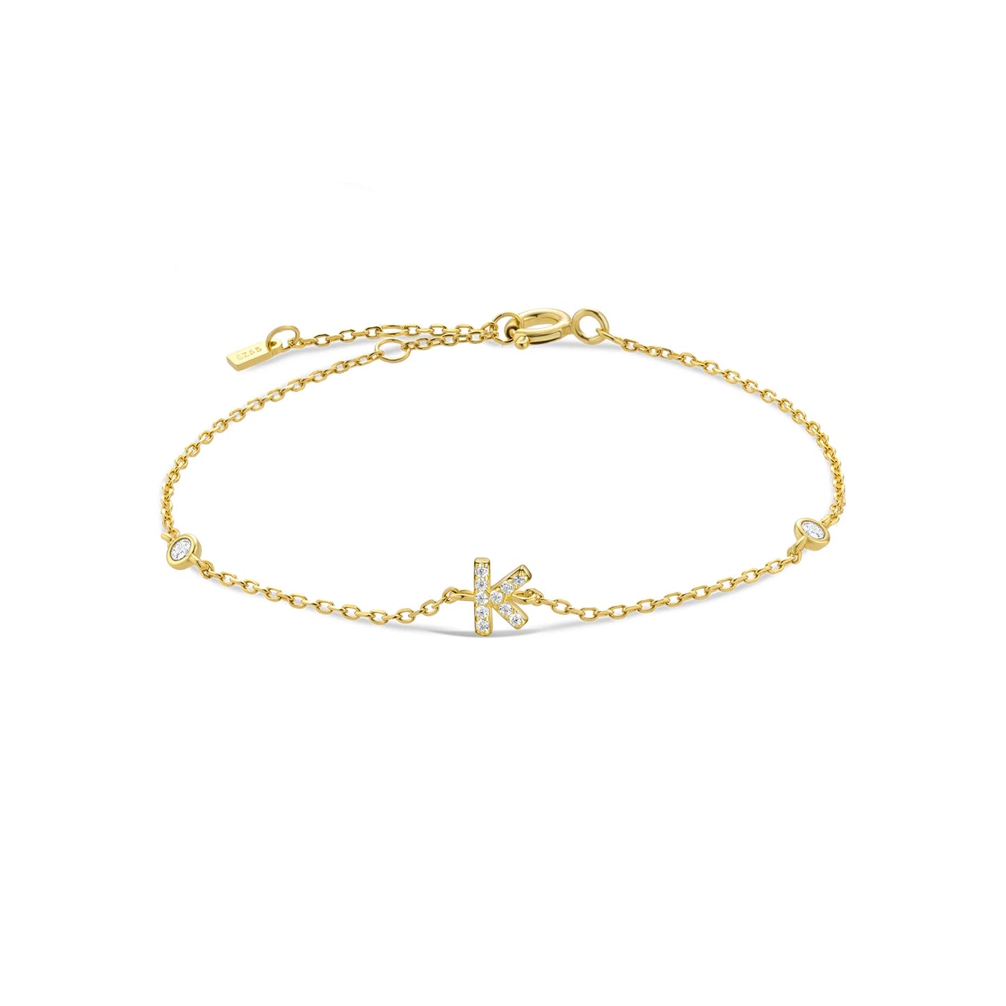 925 Sterling Silver Initial Letter Bracelet Gold CZ Zircon Alphabet Monogram