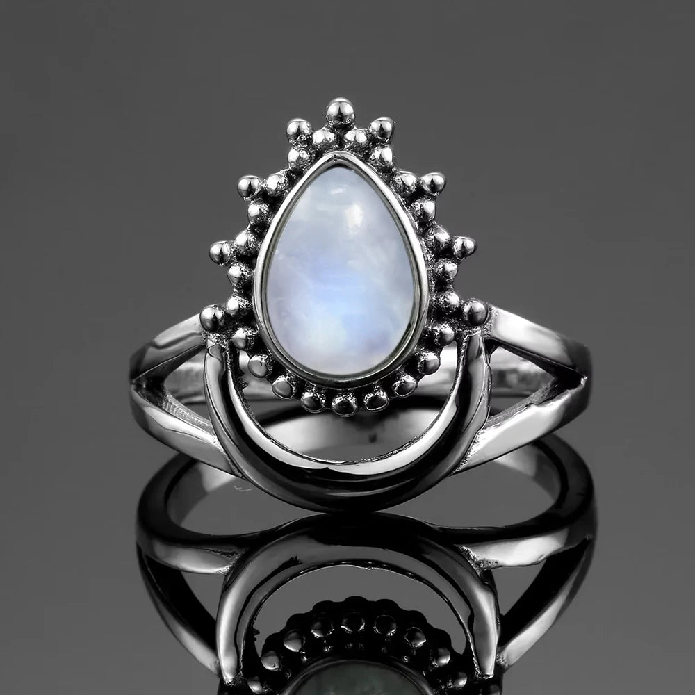 Vintage 925 Silver Ring Natural Moonstone Flower Ring 925 Hollow Eye Shape Round Sun And Moon Ring Fine Jewelry for Women Men
