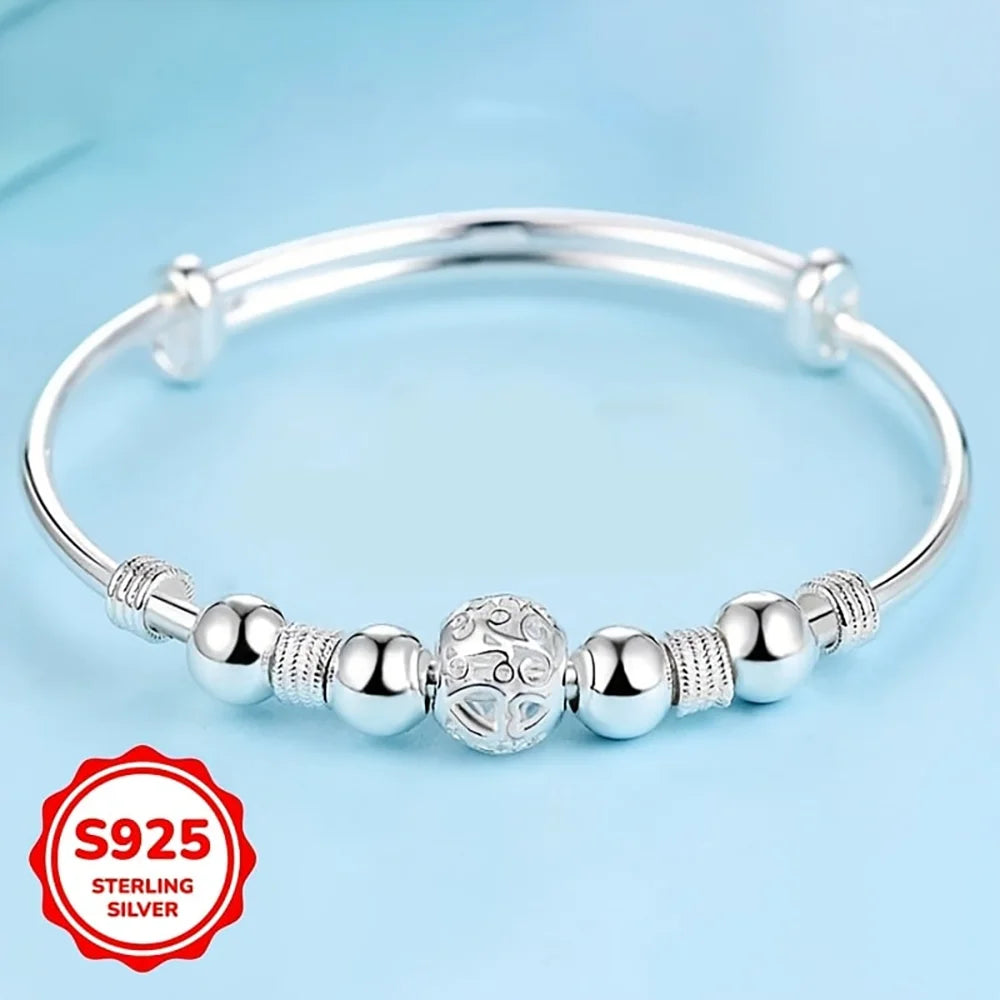 925 Sterling Silver Exquisite Beaded Bangle for Women, Stylish and Elegant Adjustable Bangle, Party Gift Accessory Jewelry