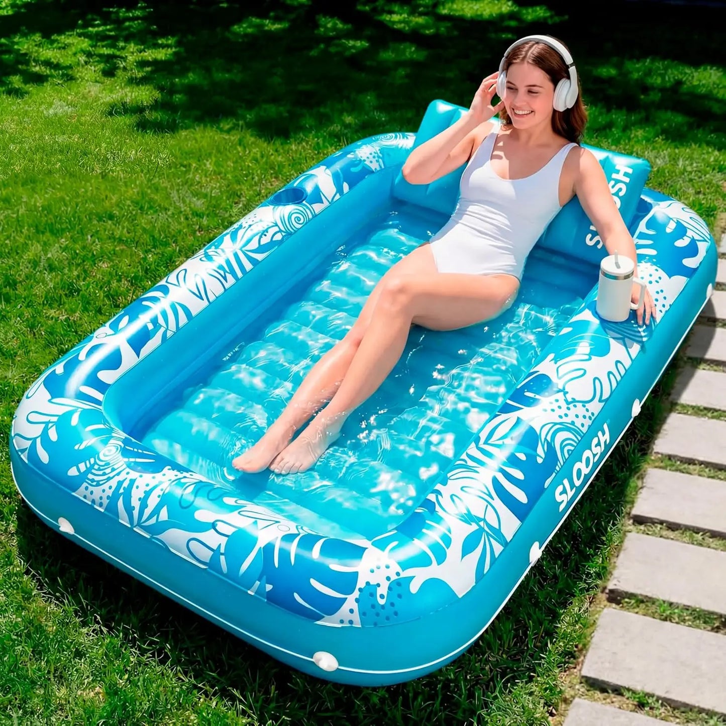 JOYFY 4-in-1 Suntan Tub Raft Floatie - 70" Inflatable Pool Float Lounger