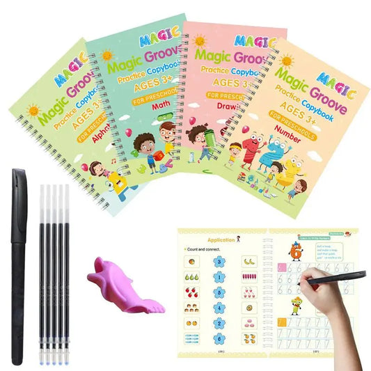 4-Pack Magic Grooved Handwriting Workbooks | Reusable Tracing Set with Pen Aid
