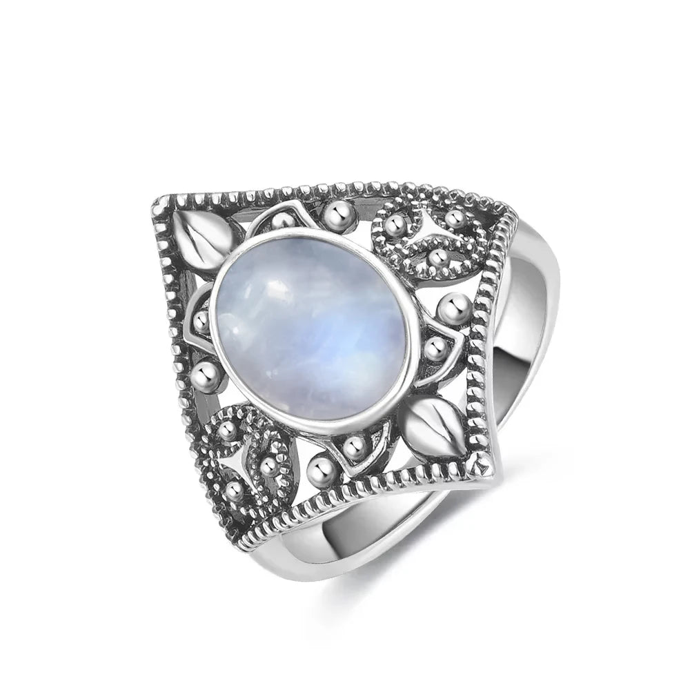 Vintage 925 Silver Ring Natural Moonstone Flower Ring 925 Hollow Eye Shape Round Sun And Moon Ring Fine Jewelry for Women Men