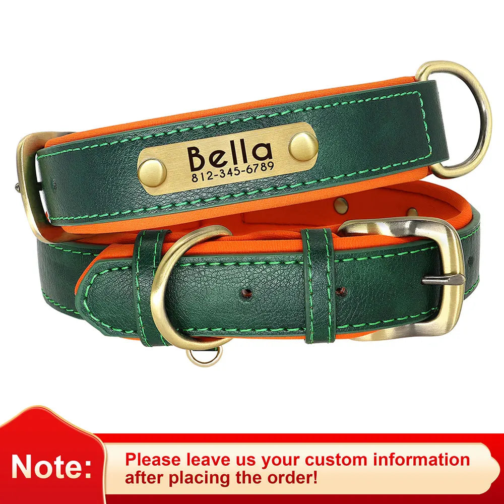 Customized PU Leather Dog Collar – Soft Padded Adjustable Name Engraved Collar
