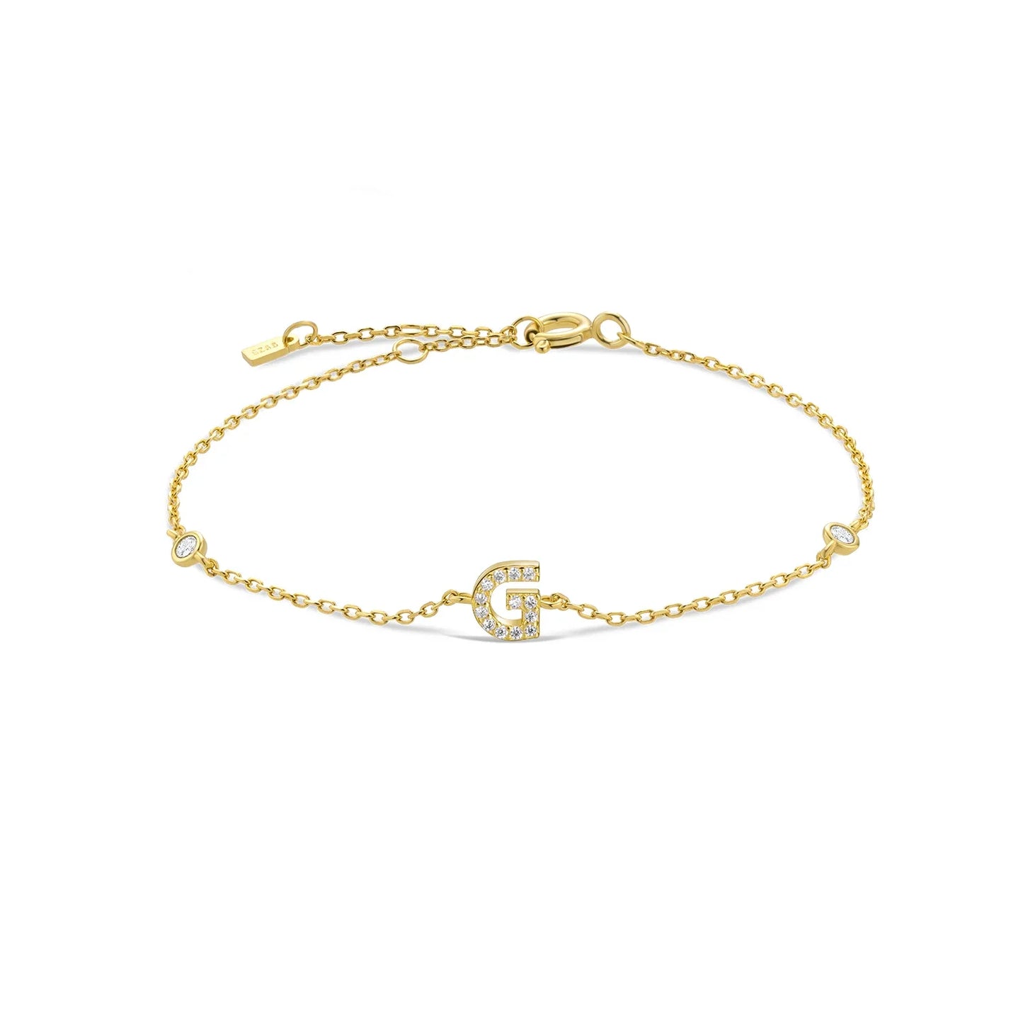 925 Sterling Silver Initial Letter Bracelet Gold CZ Zircon Alphabet Monogram