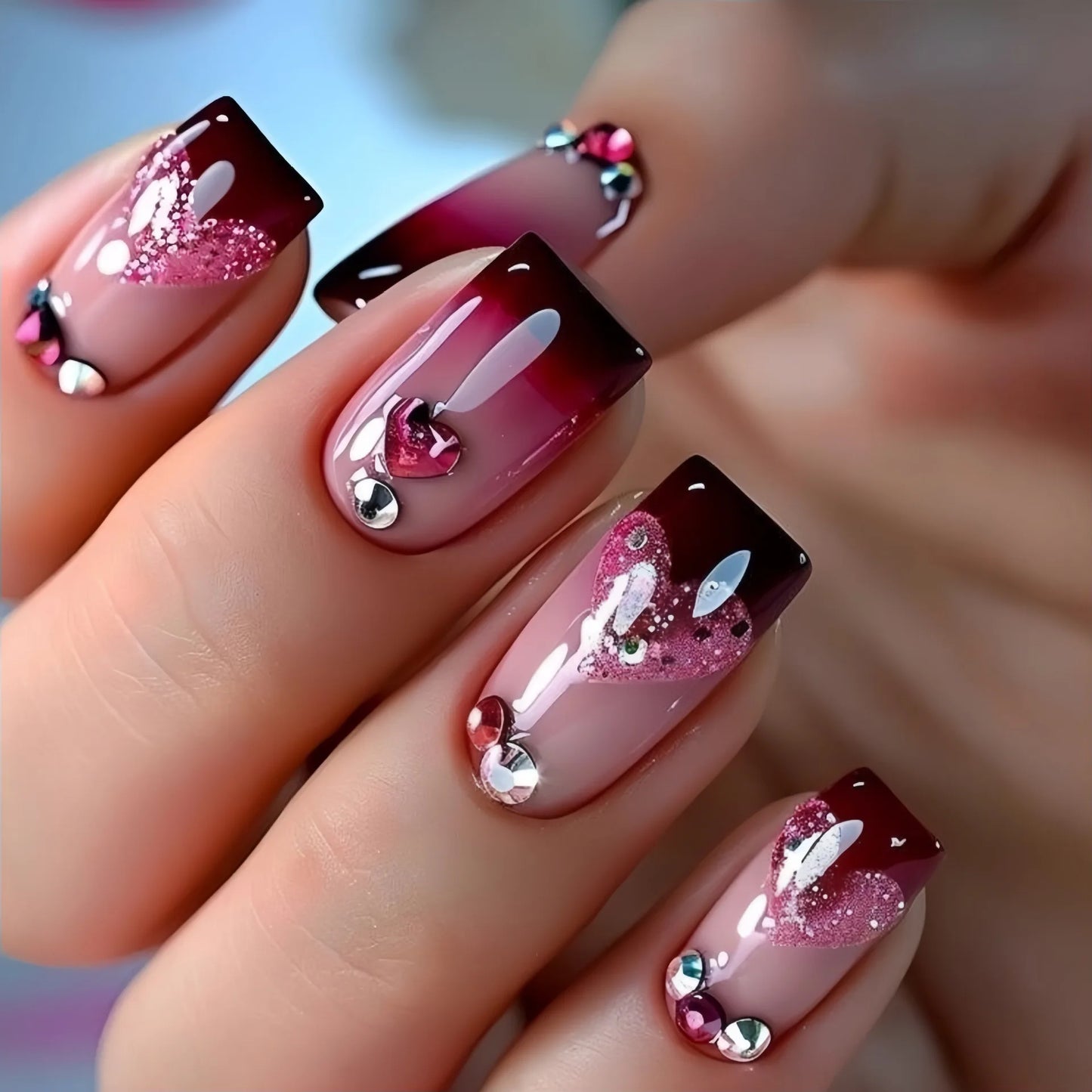 24pcs Simple French Press on Nails Tips Love Stripe Design Short Square False Nails Woman Acrylic Full Cover Nail Art Fake Nail