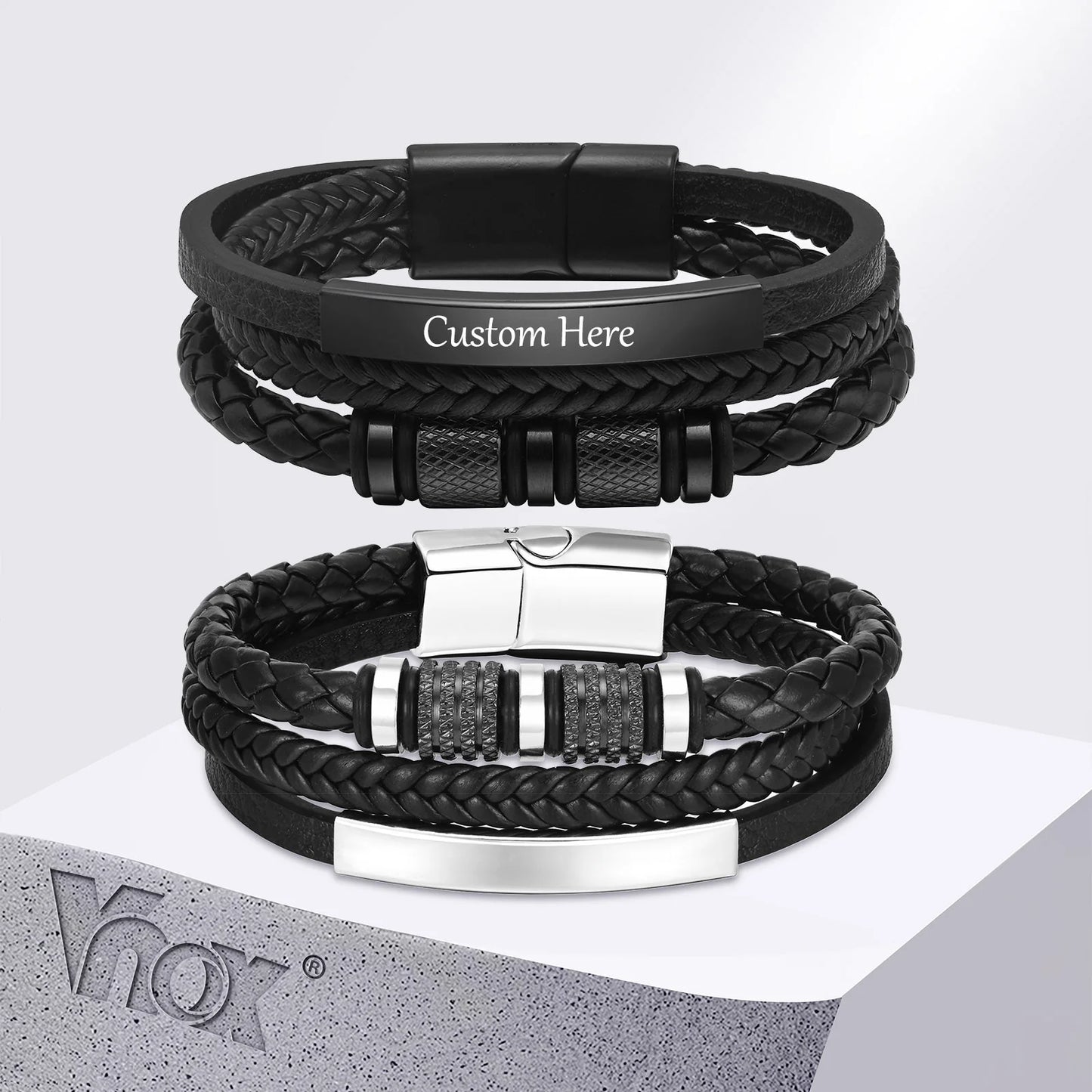 Vnox Personalized Braided Leather Bracelet for Men Handmade Triple Woven Pu Leather Bracelet Custom Name Text Jewelry Gifts