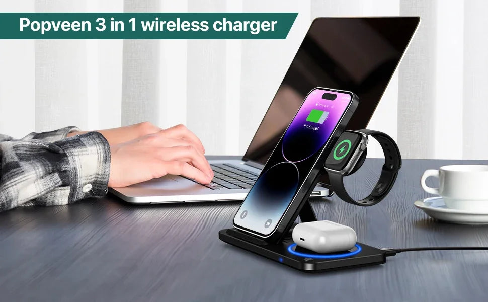30W 3-in-1 Fast Wireless Charger Stand – Foldable Charging Dock for iPhone, Apple Watch & AirPods (iPhone 15–11 Compatible)