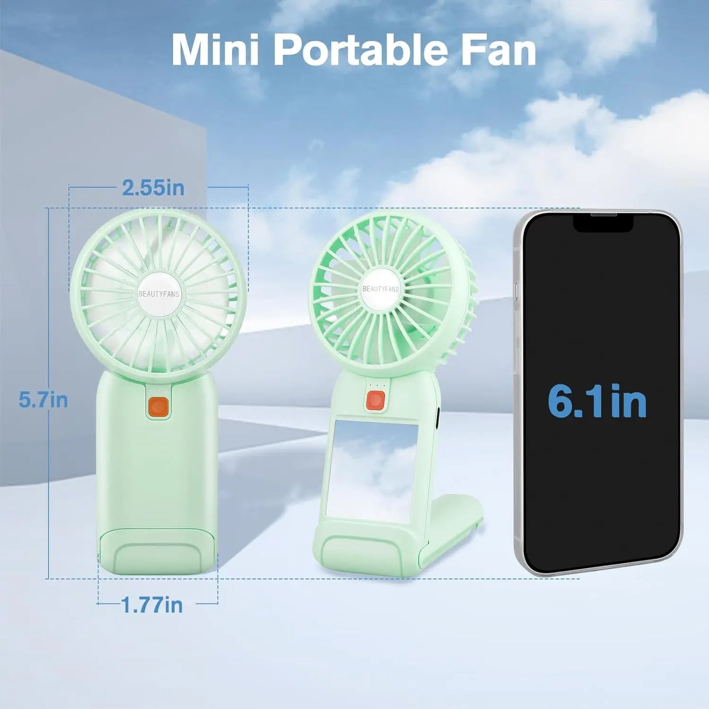 Portable Mini Handheld Fan with Mirror – USB Rechargeable 4-Speed Desk & Travel Fan