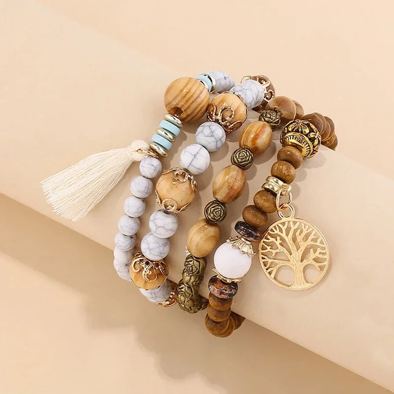 4Pcs/Set Boho Wooden Beaded Bracelet Set For Women Tree Of Life White Tassels Charm Elastic Chain Bangle Men Bohemia Jewelry