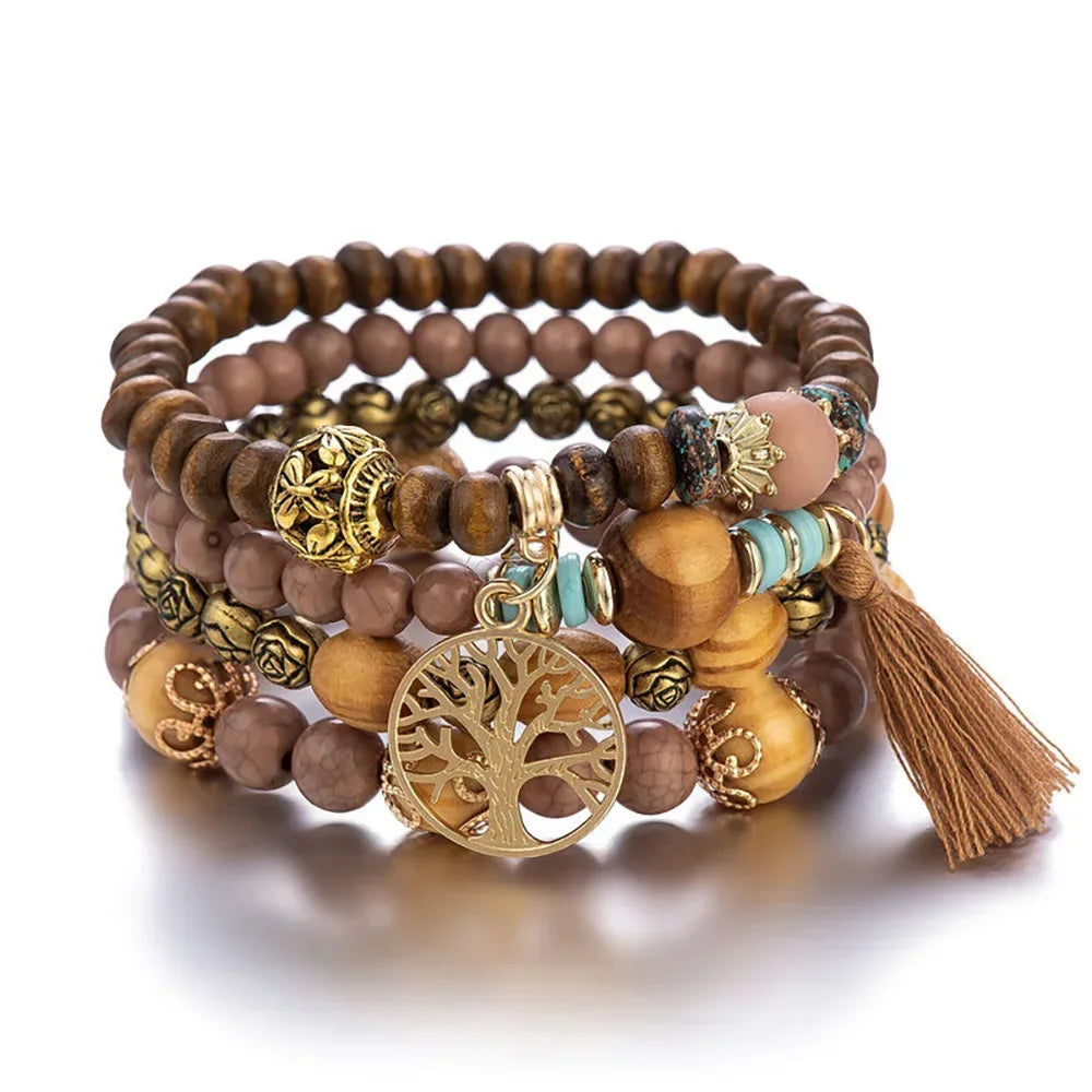 4Pcs/Set Boho Wooden Beaded Bracelet Set For Women Tree Of Life White Tassels Charm Elastic Chain Bangle Men Bohemia Jewelry