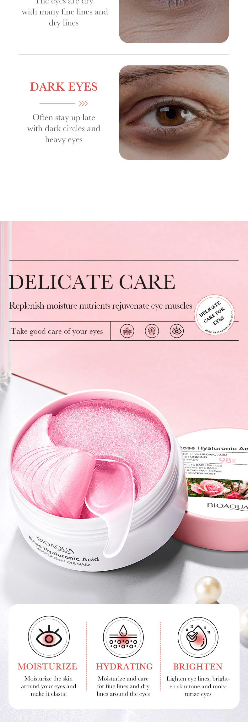 BIOAQUA Rose Hyaluronic Acid Travel Size Eye Mask Anti Wrinkle Dark Circles Eye Patches Moisturizing Firming Skin Care