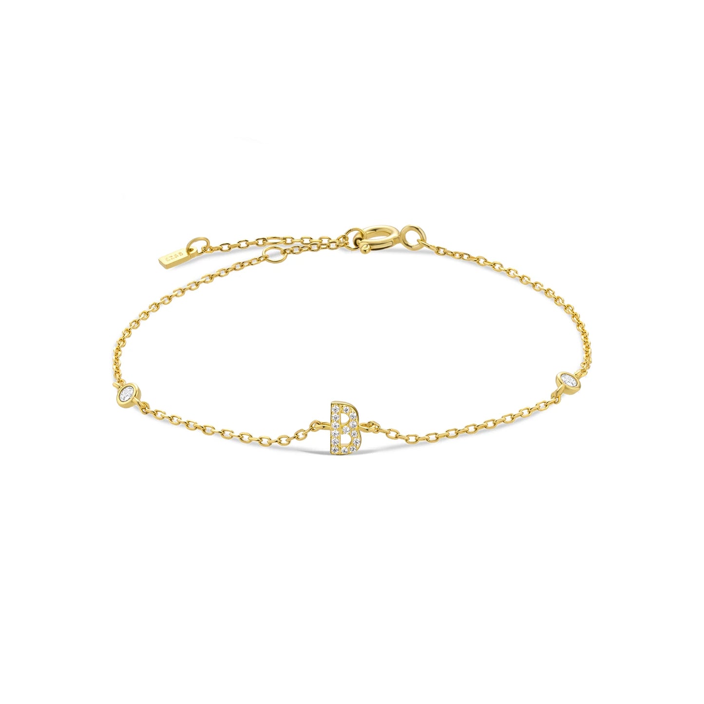 925 Sterling Silver Initial Letter Bracelet Gold CZ Zircon Alphabet Monogram