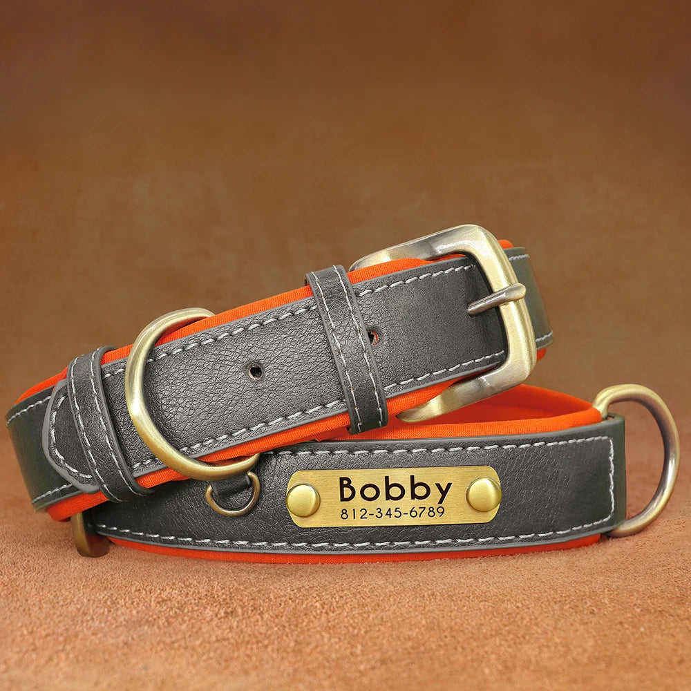 Customized PU Leather Dog Collar – Soft Padded Adjustable Name Engraved Collar