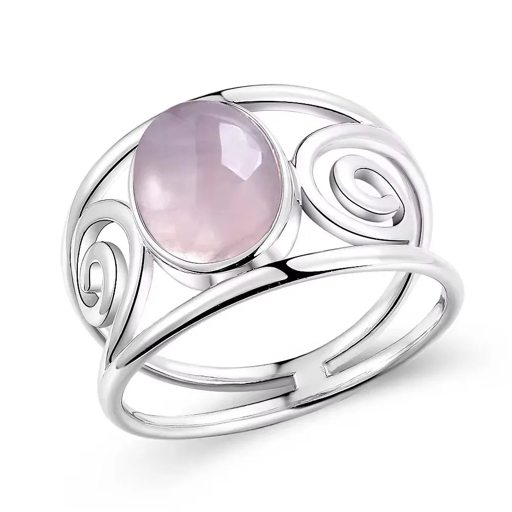 Vintage S925 Sterling Silver Ring Oval Round Natural Rose Quartz Ring Pink Stone Sun Shaped Retro Silver Fine Jewelry For Women
